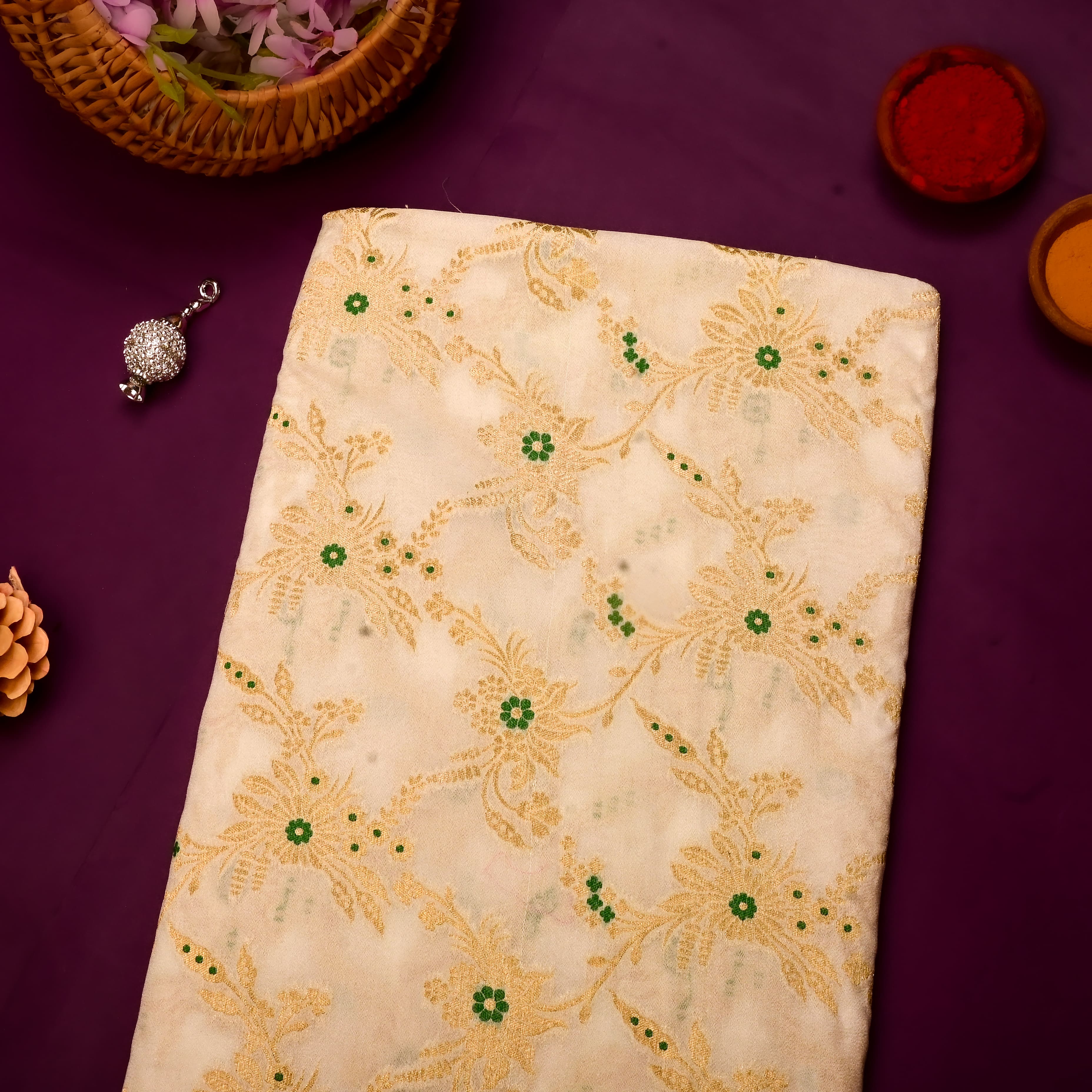 Off-White Banarasi Fabric With Golden Jaal