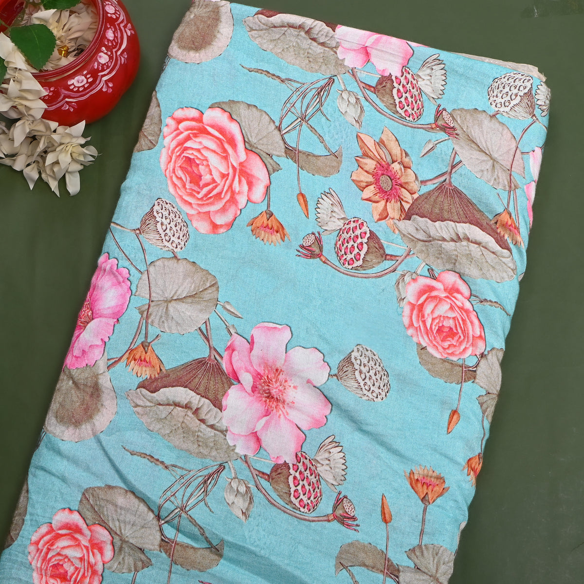 Mint Lotus Pond Print Satin Fabric