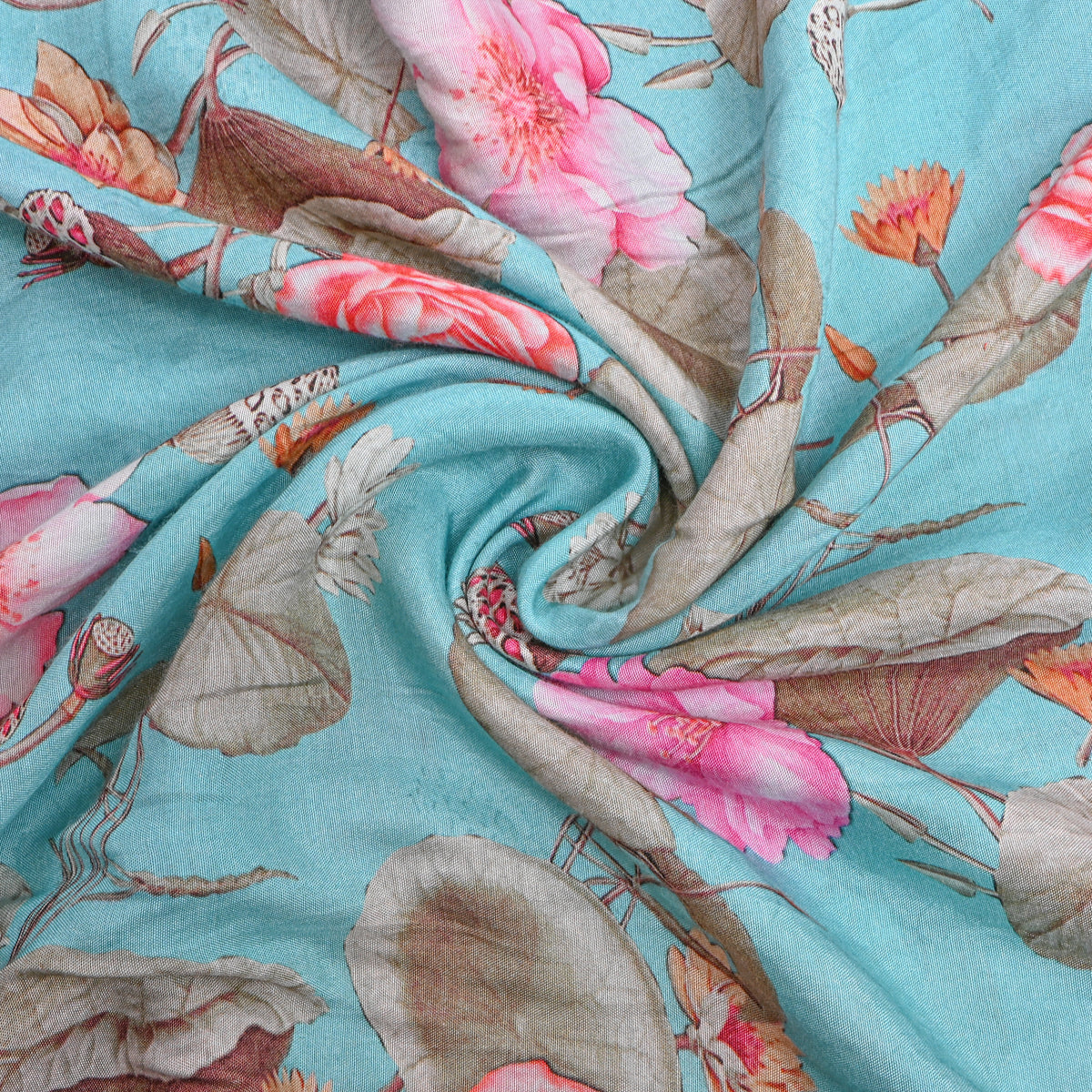 Mint Lotus Pond Print Satin Fabric