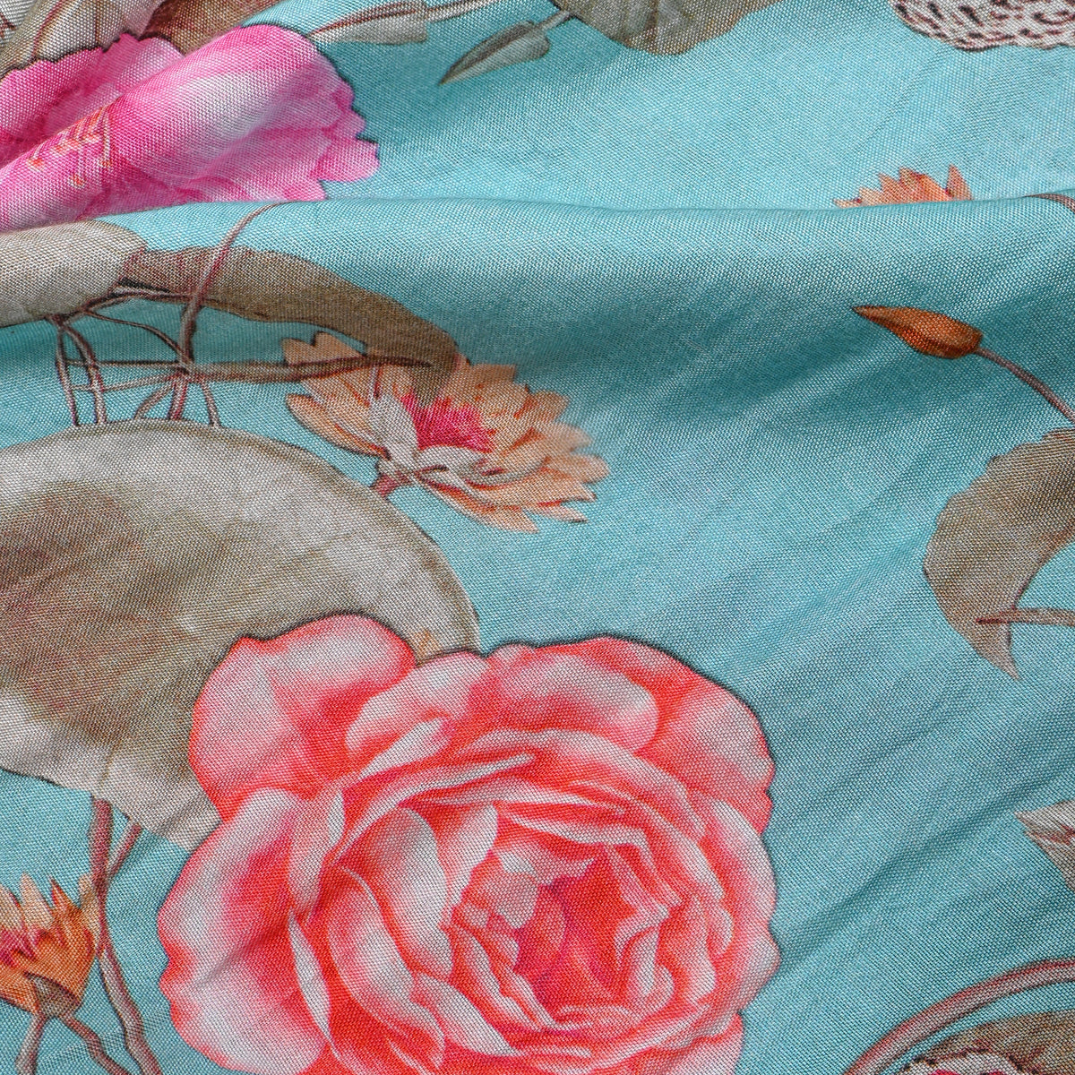 Mint Lotus Pond Print Satin Fabric