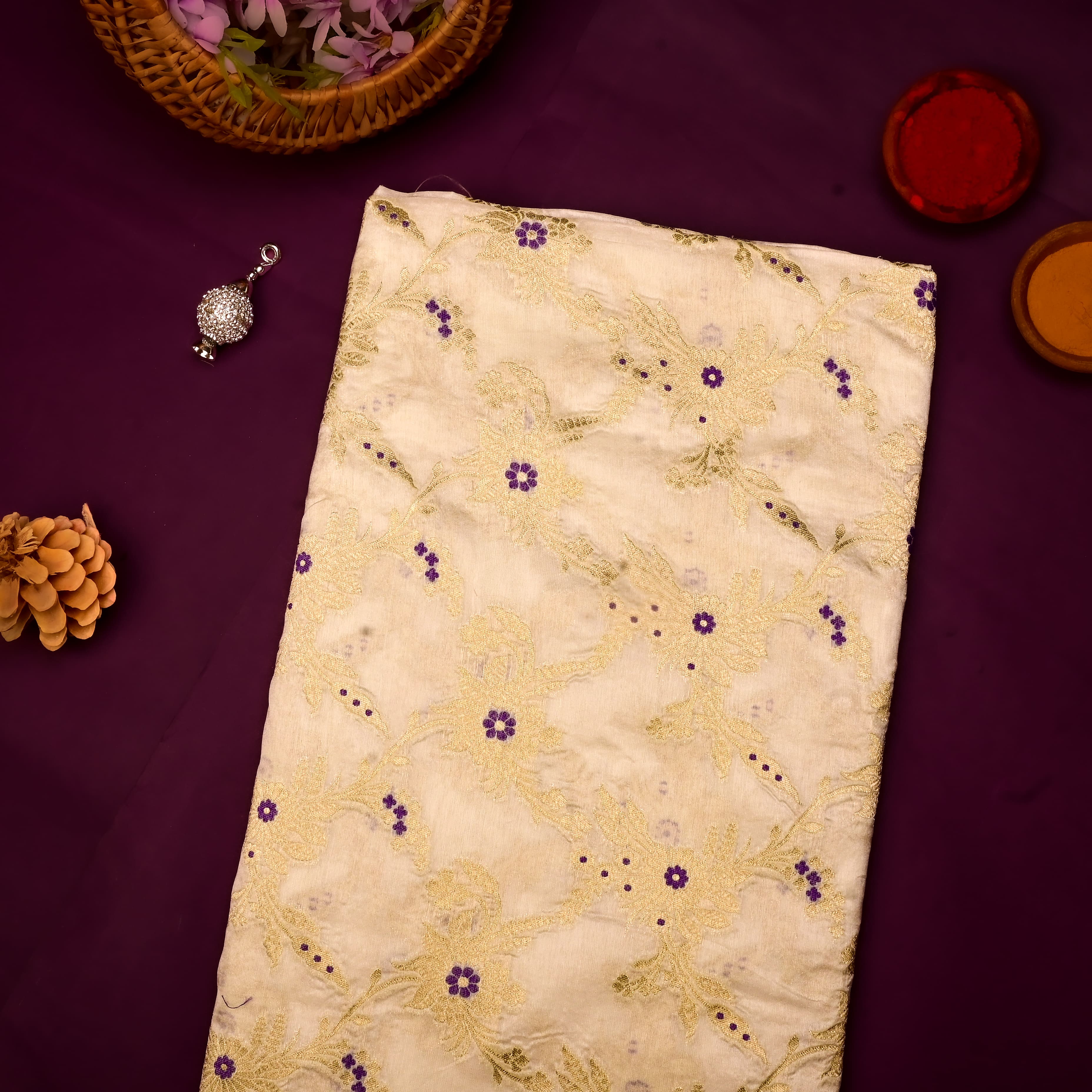 Very Pale Yellow Banarasi Fabric With Golden Jaal