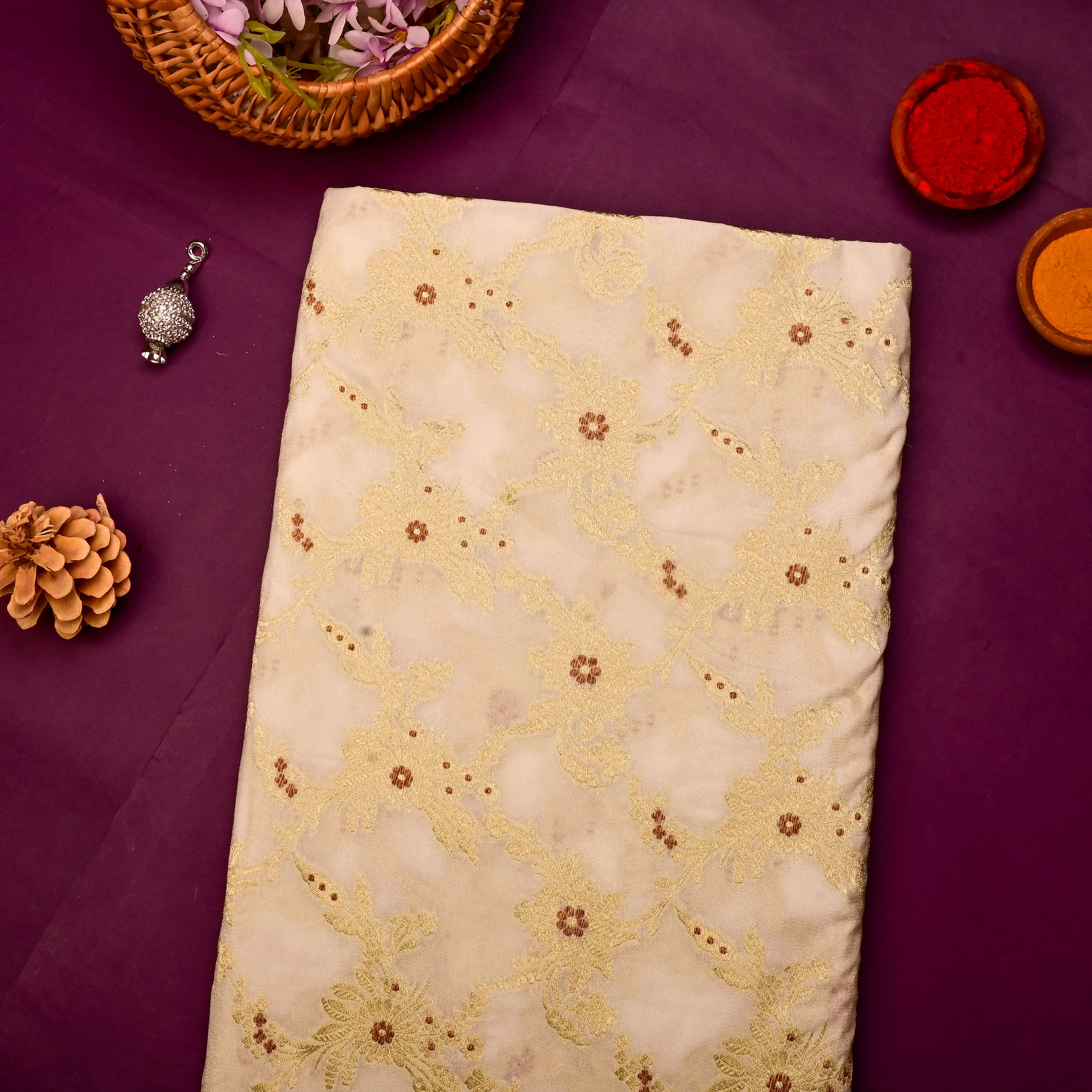 Bisque Cream Banarasi Fabric With Floral Jaal