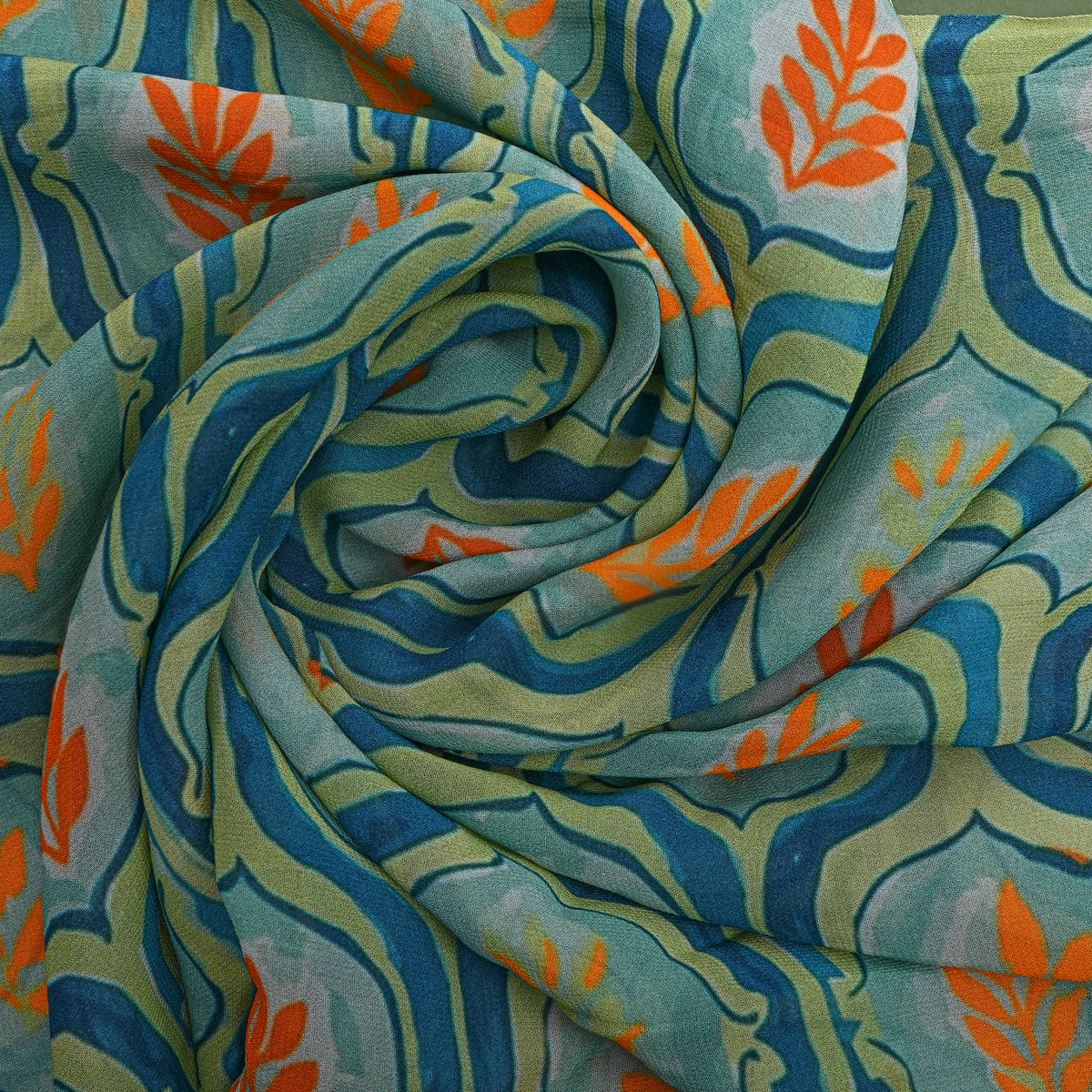 Lagoon Blue Leaf Jaal Digital Print Georgette Fabric