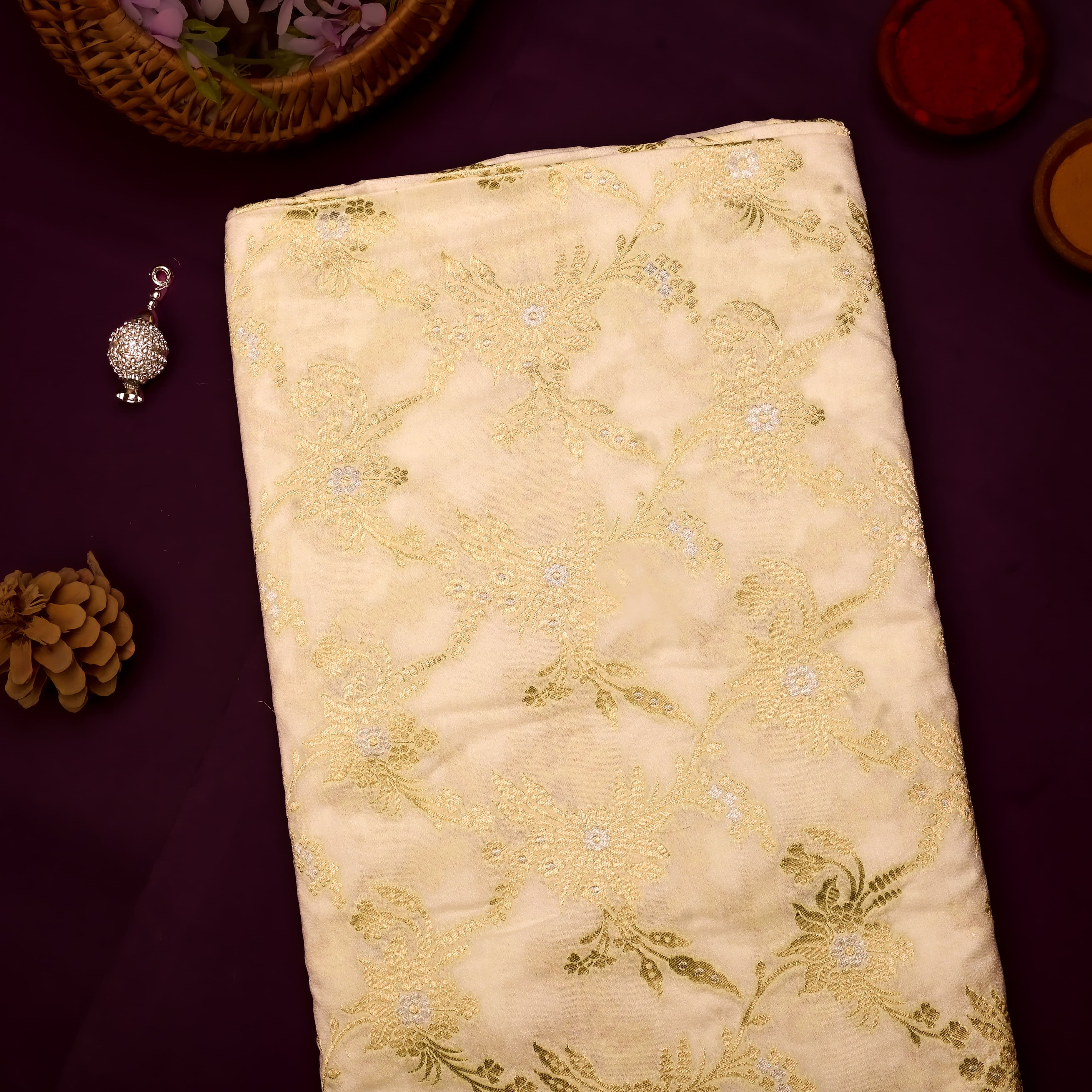 Banana Ice-Cream Banarasi Fabric With Floral Jaal