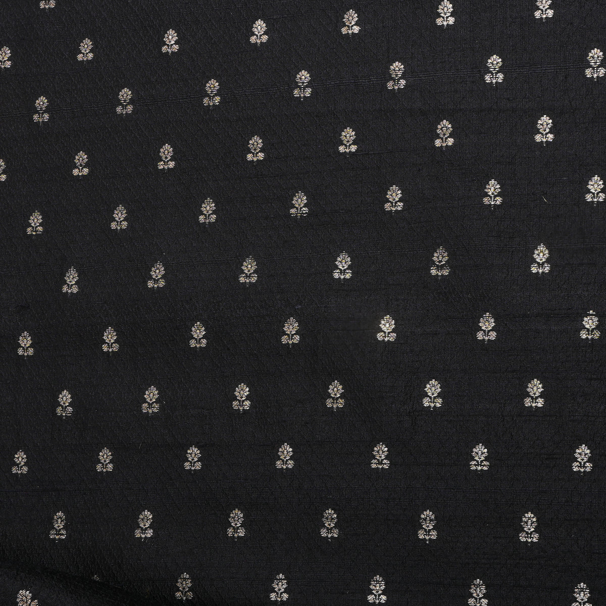 Jet Black Silver Zari Butti Self Weave Jamawar Silk Fabric