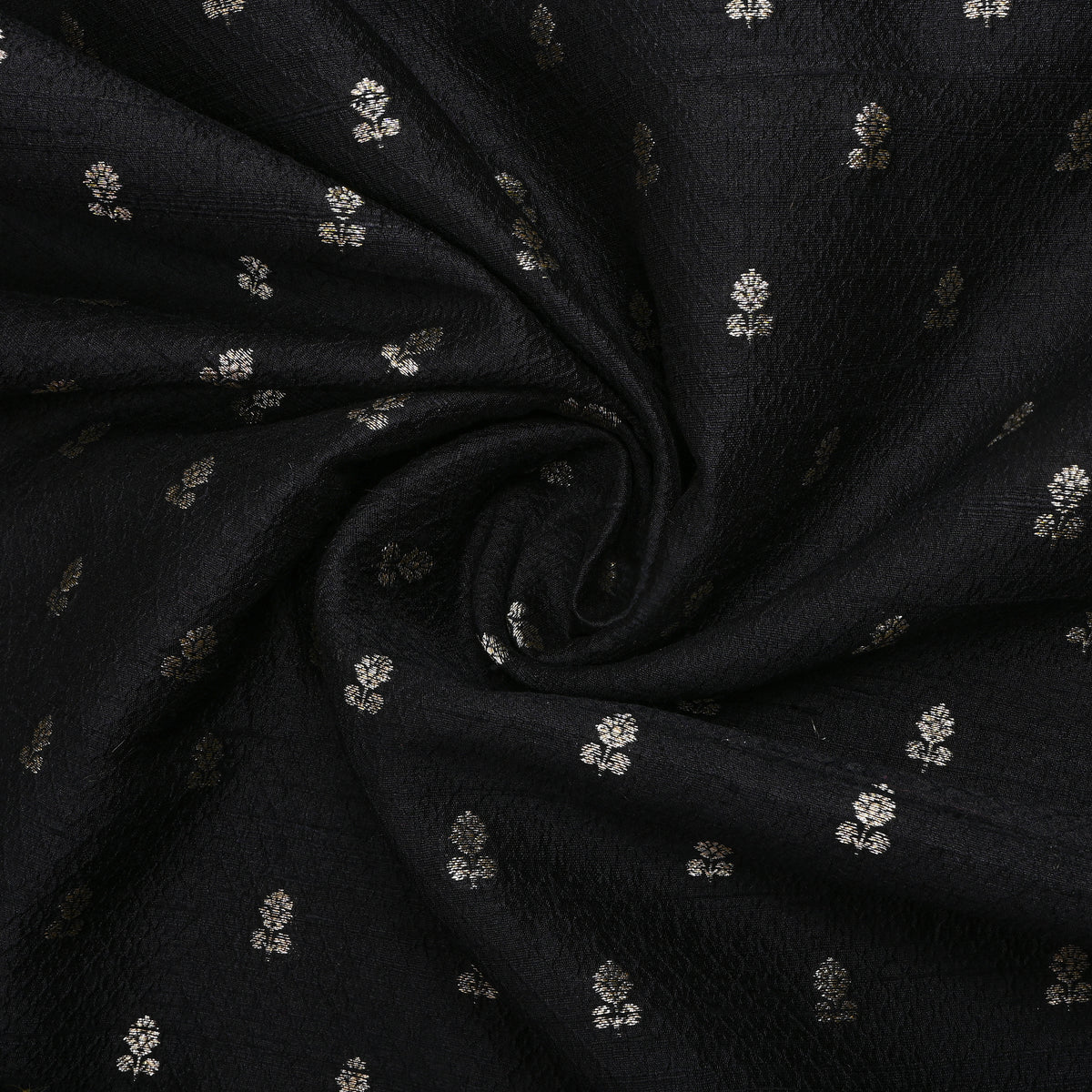 Jet Black Silver Zari Butti Self Weave Jamawar Silk Fabric