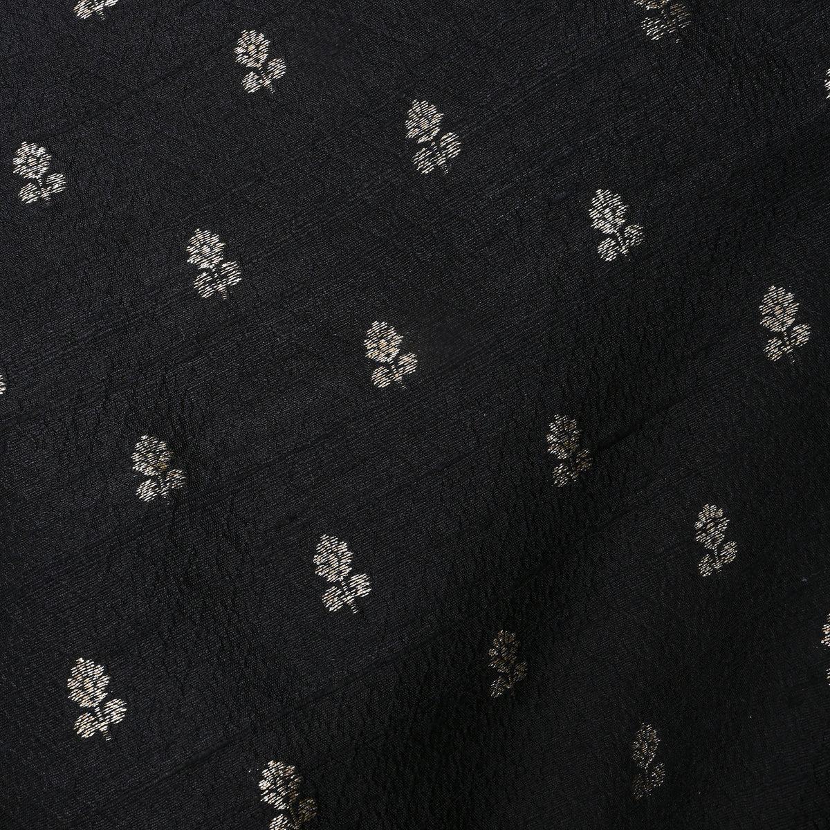 Jet Black Silver Zari Butti Self Weave Jamawar Silk Fabric