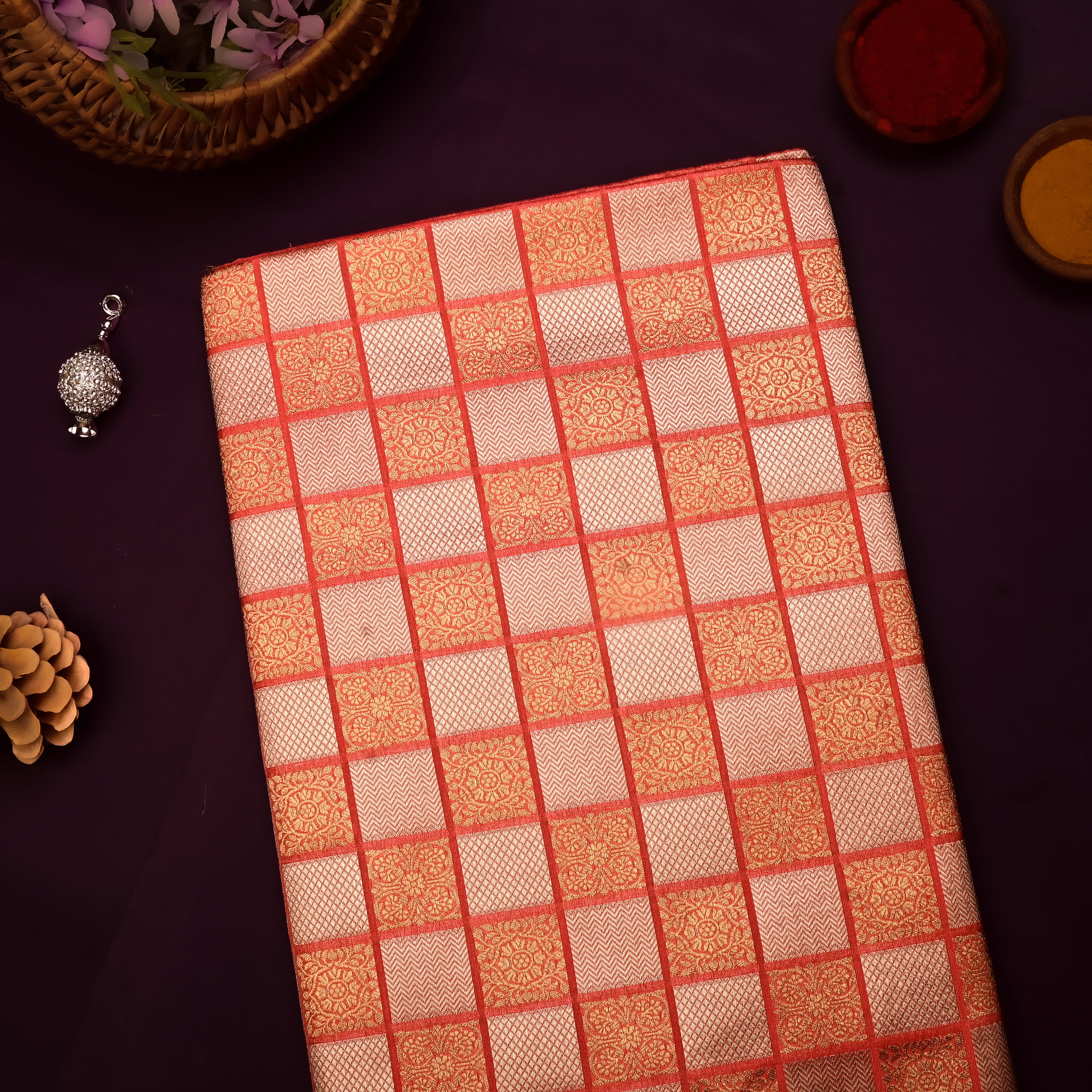 Coral Peach Banarasi Fabric With Checked Patterns