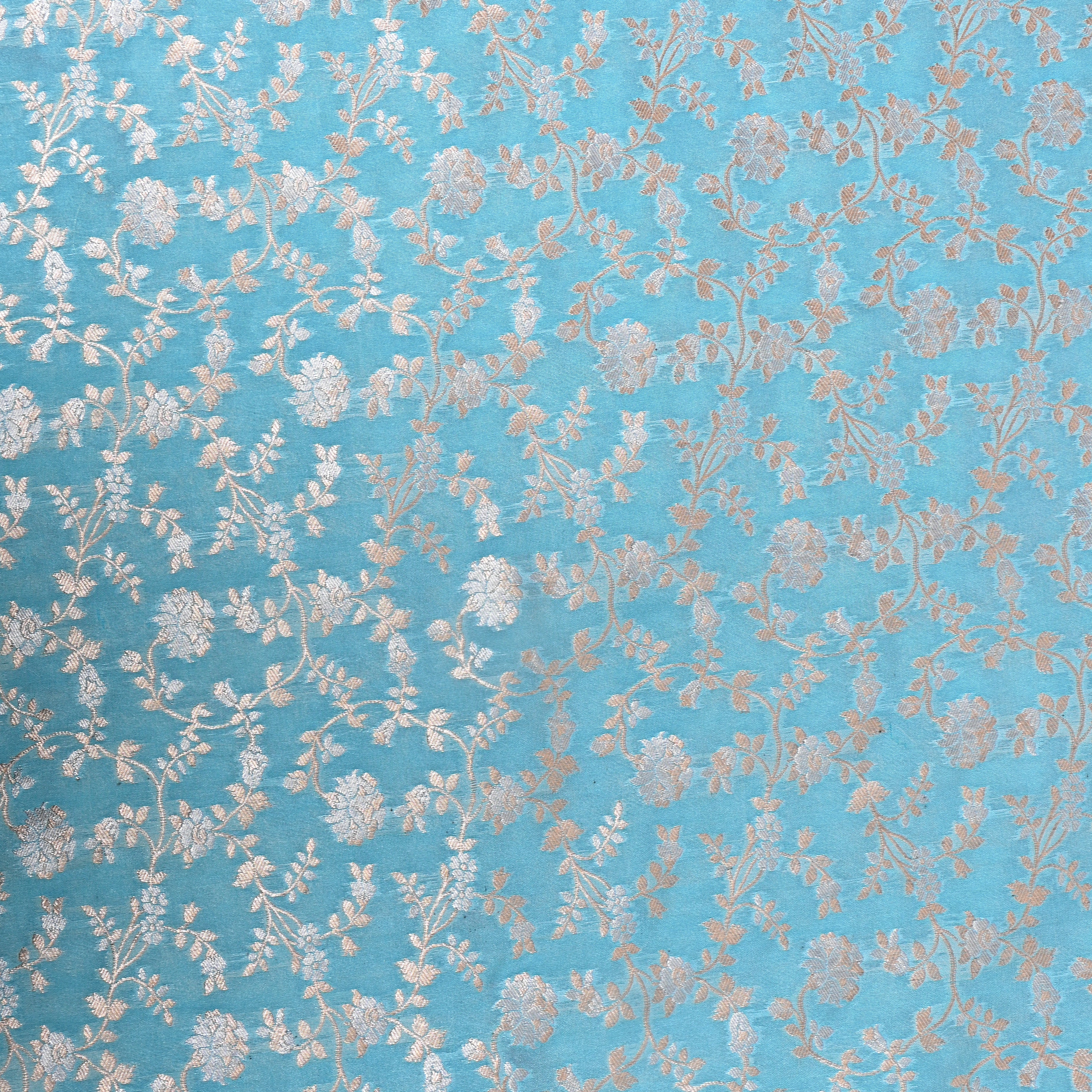 Sky Blue Dense Floral Jamawar Tissue Fabric