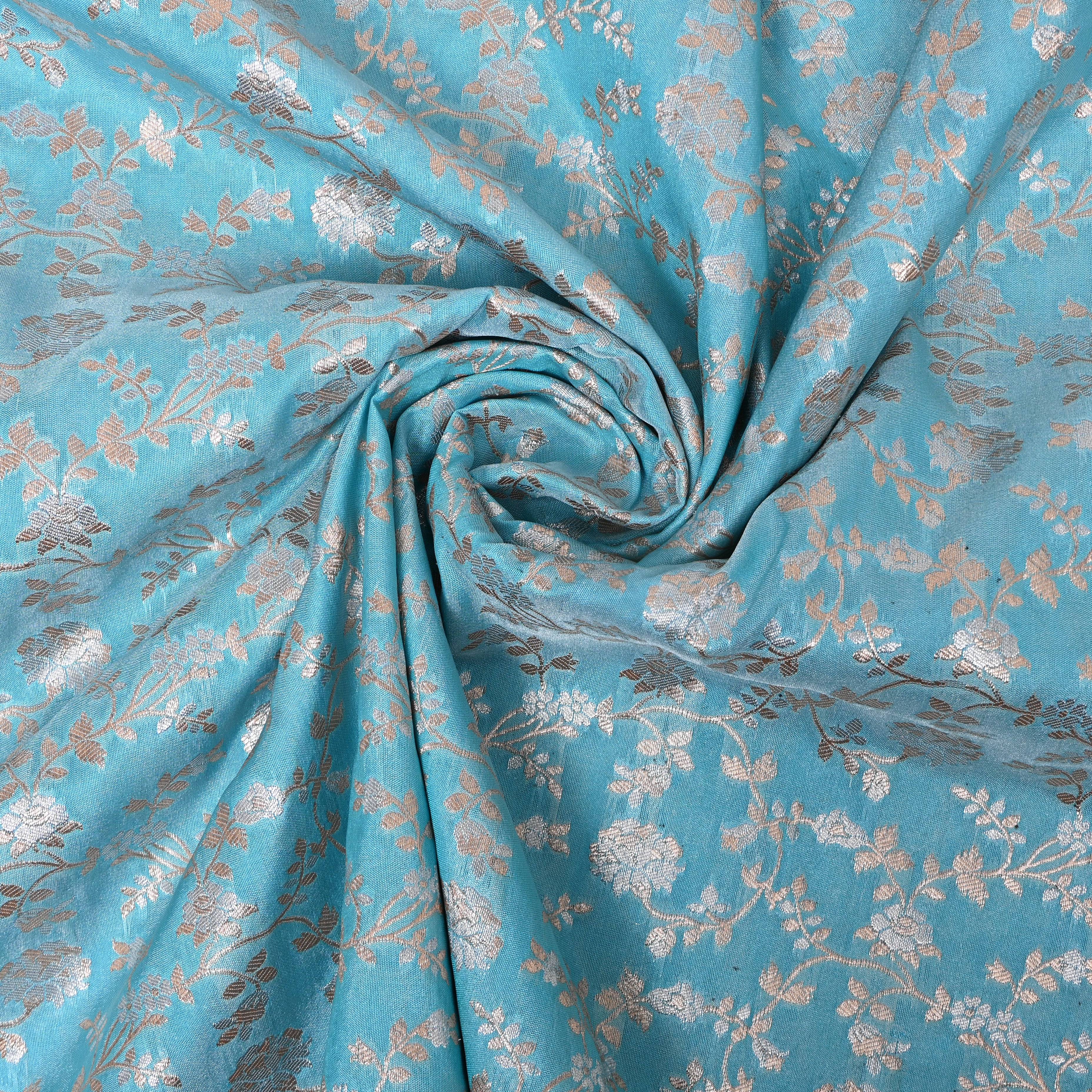 Sky Blue Dense Floral Jamawar Tissue Fabric