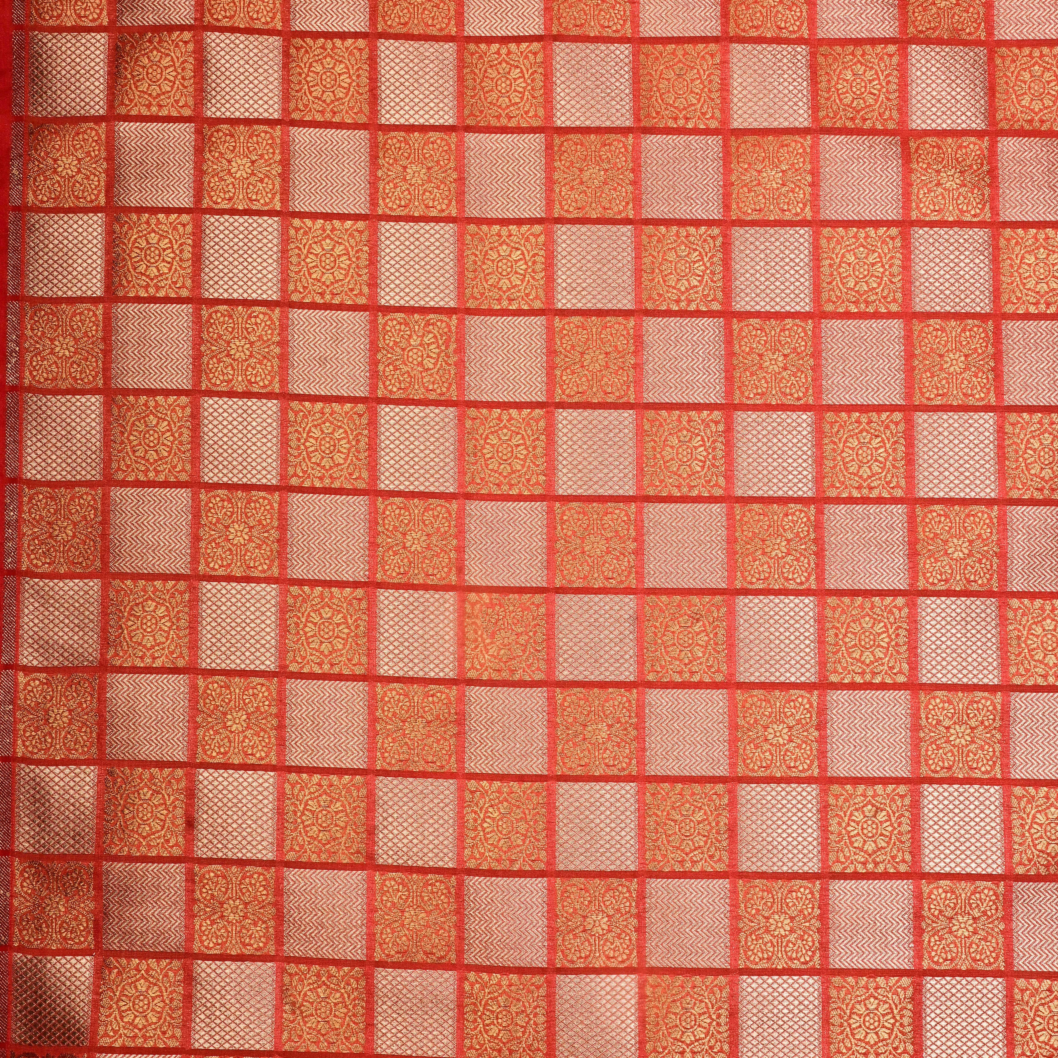 Coral Peach Banarasi Fabric With Checked Patterns
