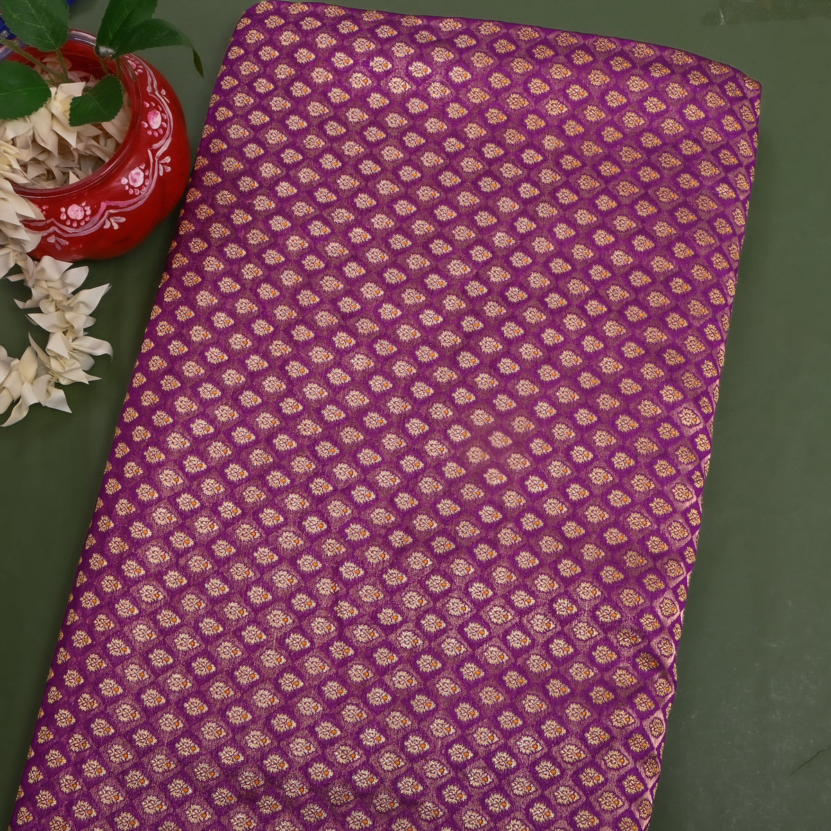Plum Purple Gold Zari Micro Butti Jamawar Silk Fabric