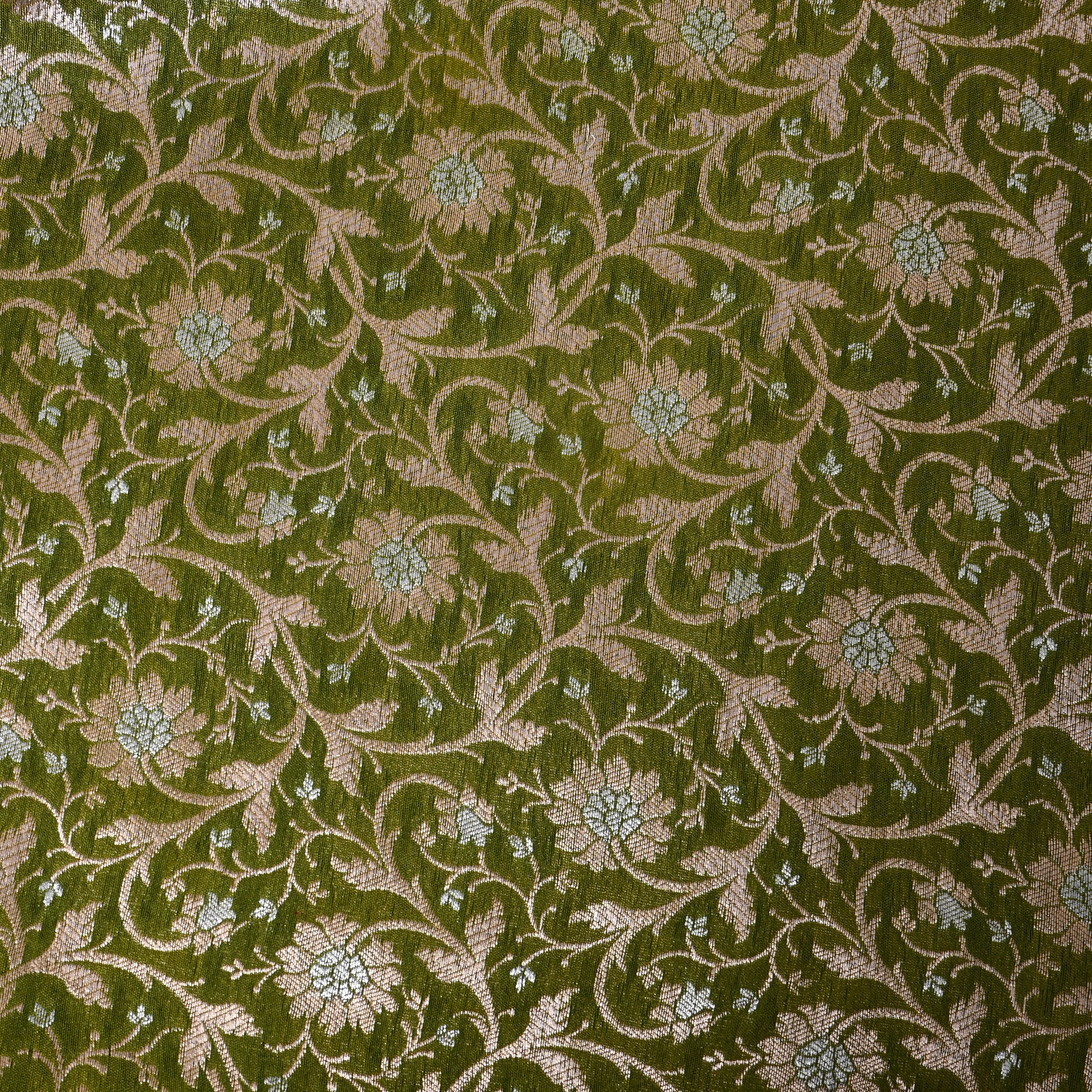 Olive Green Dense Floral Jamawar Tissue Fabric