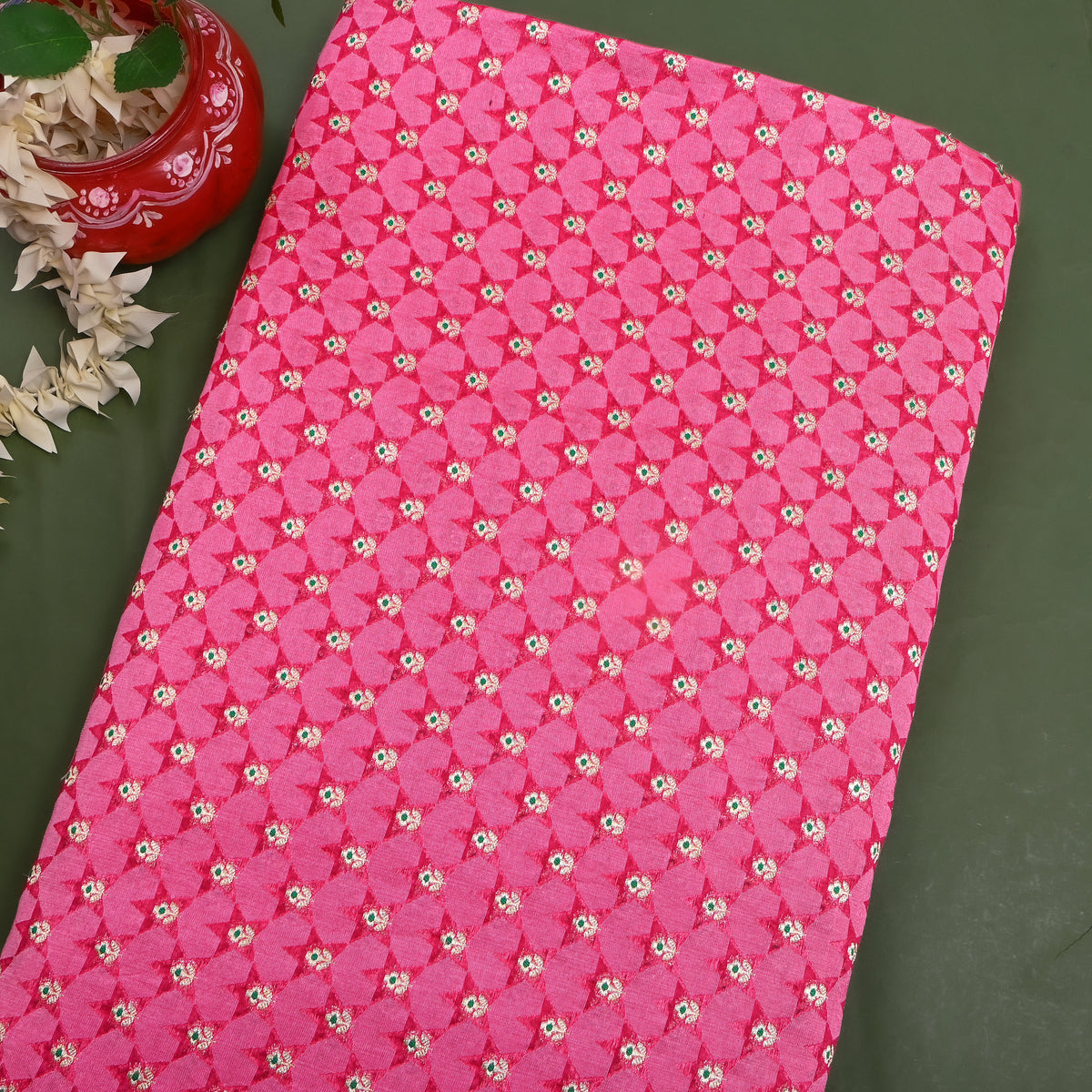Rose Pink Silver Zari Butti Self Weave Jamawar Silk Fabric