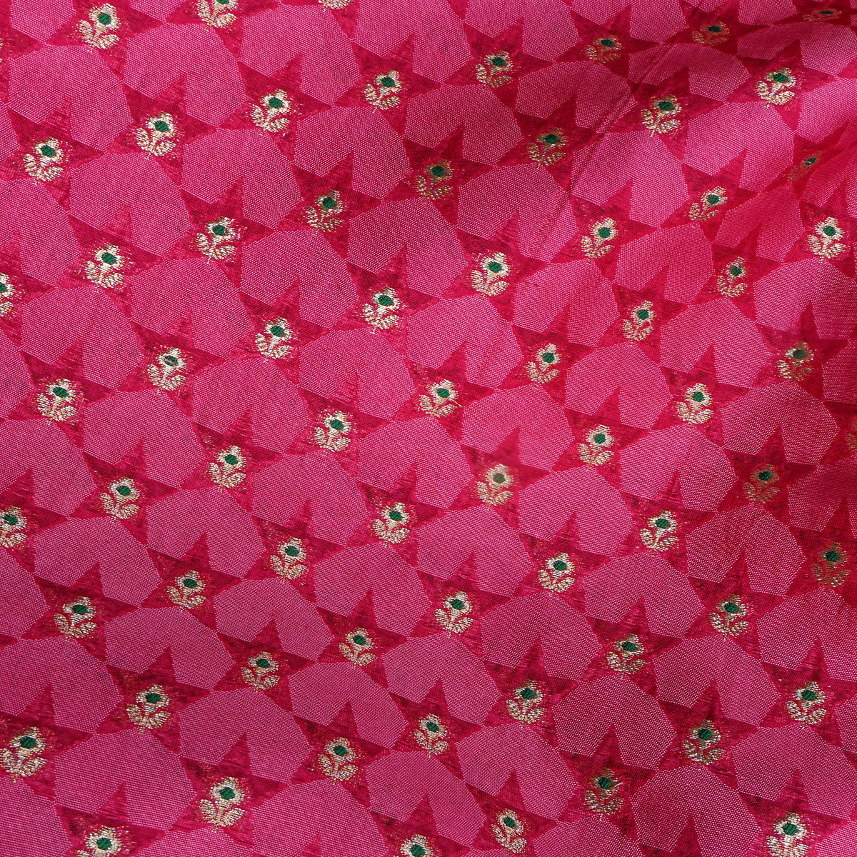 Rose Pink Silver Zari Butti Self Weave Jamawar Silk Fabric