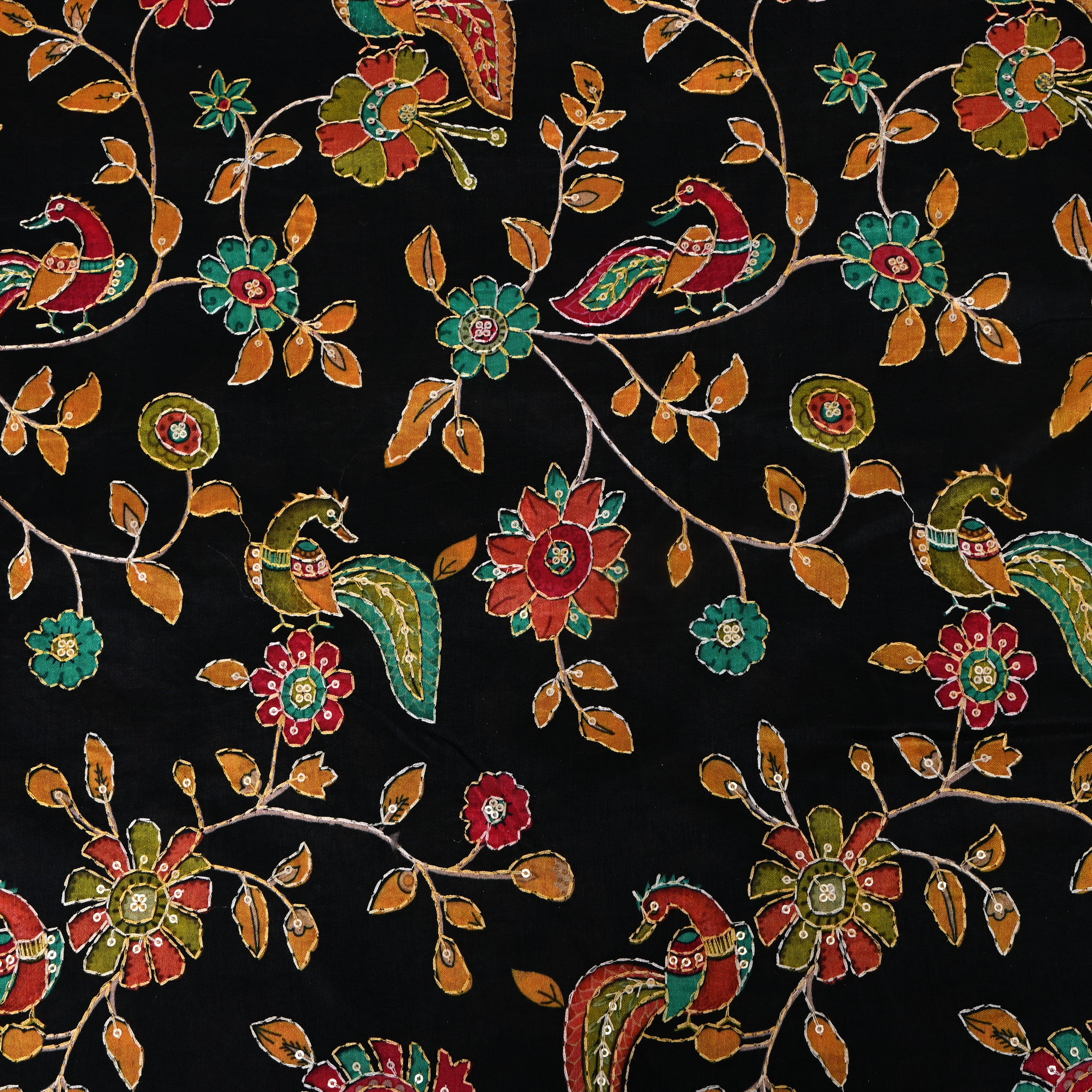 Jet Black Multicolour Floral Sequin Embroidery Silk Fabric