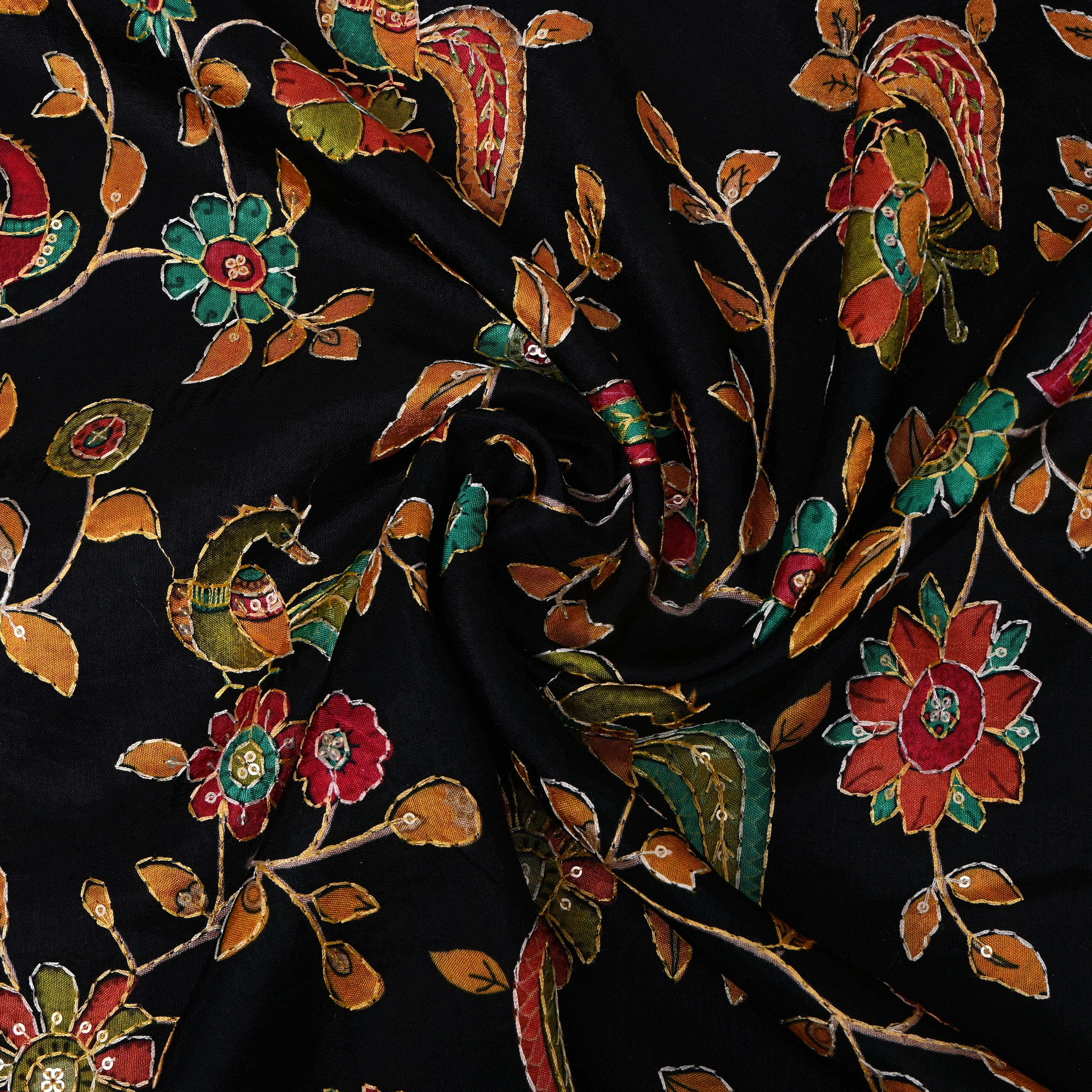 Jet Black Multicolour Floral Sequin Embroidery Silk Fabric