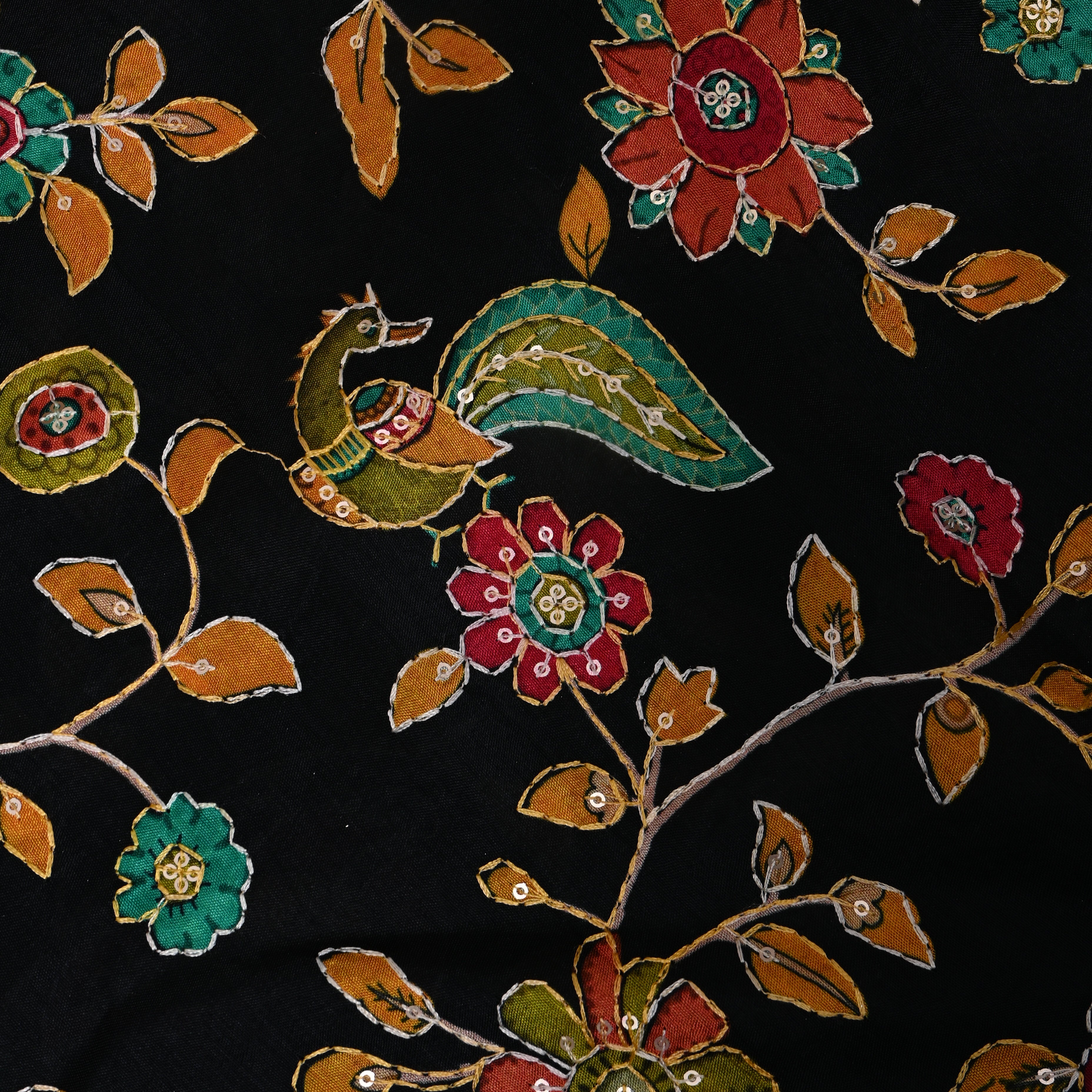 Jet Black Multicolour Floral Sequin Embroidery Silk Fabric