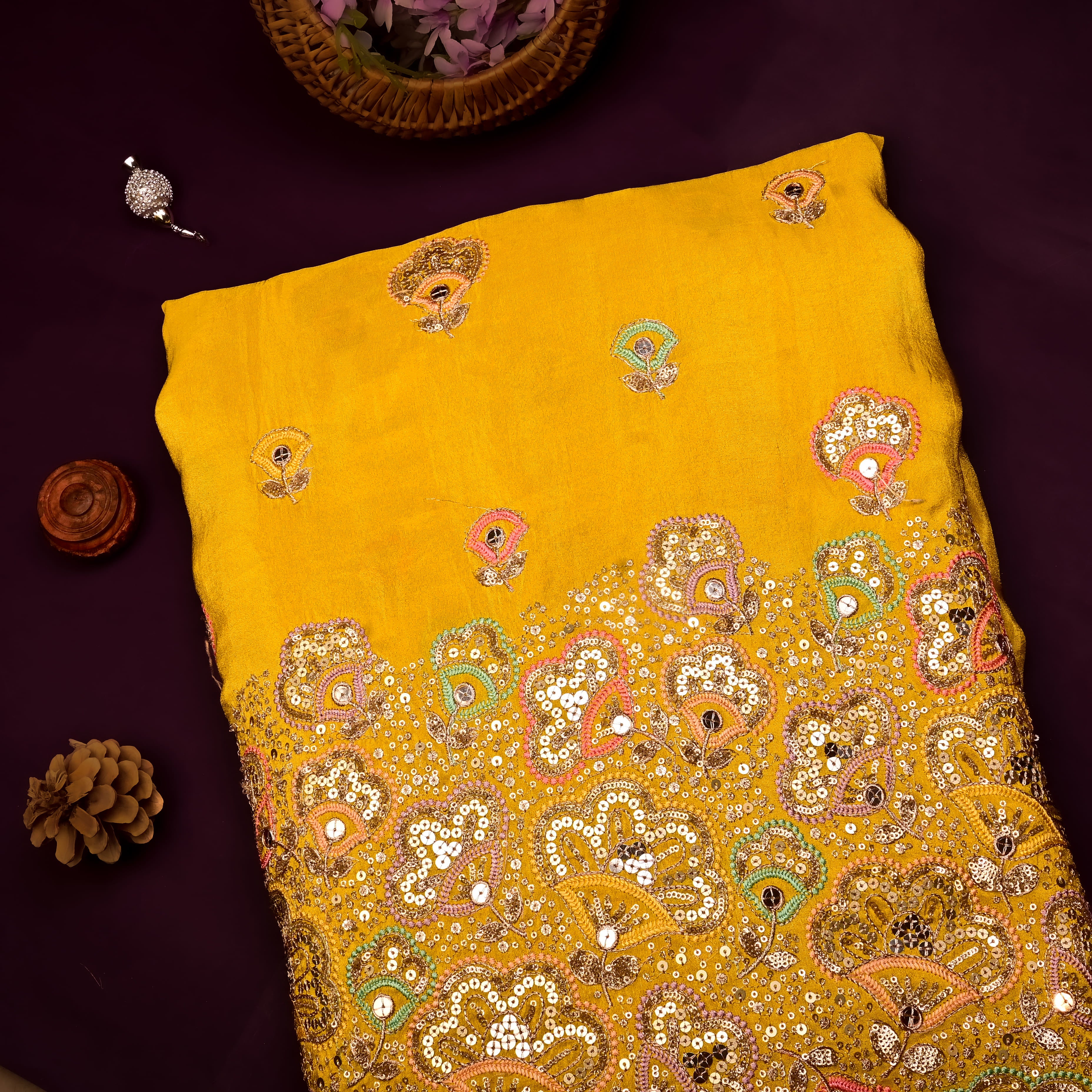Golden Yellow Tissue Fabric With Sequins Work