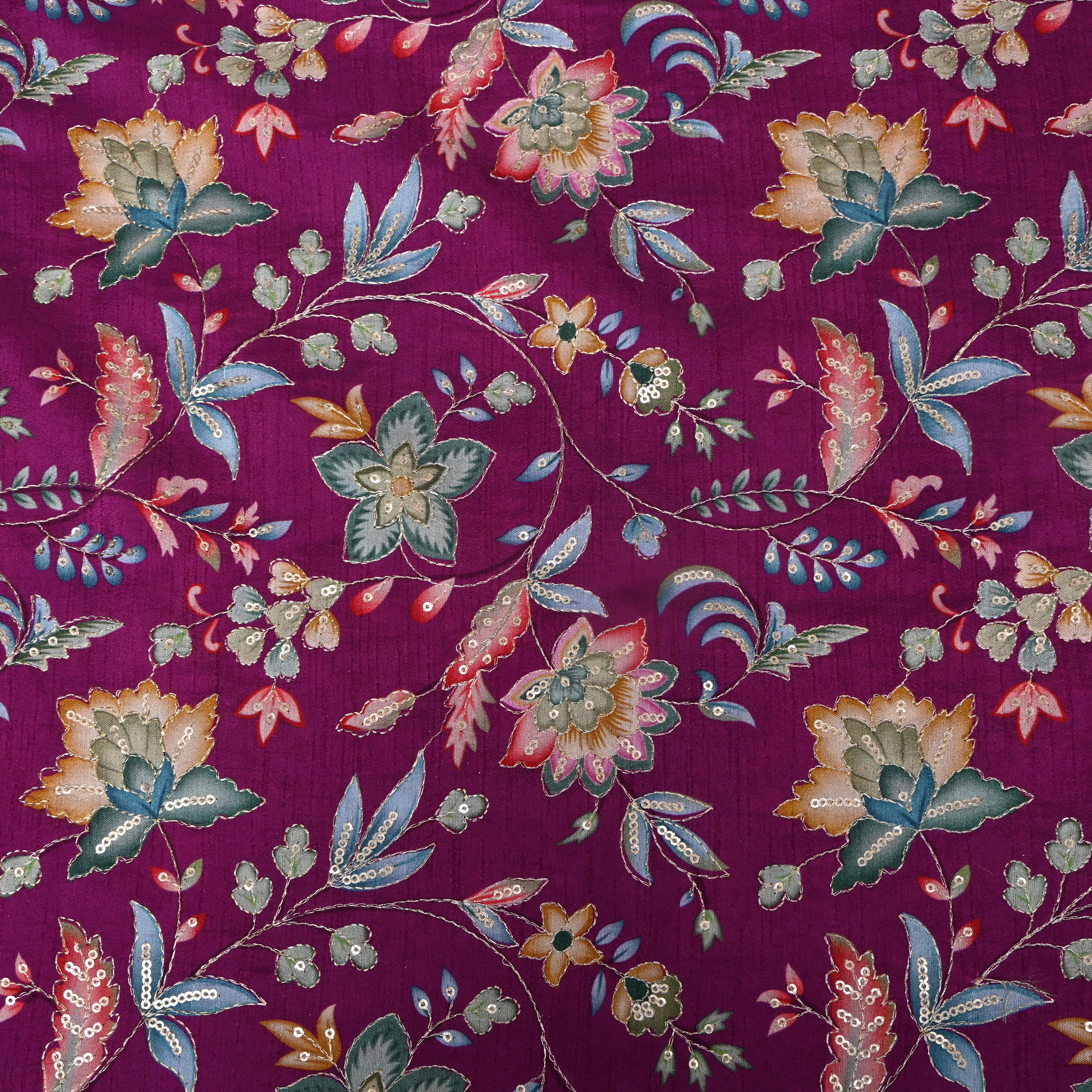 Wine Purple Multicolour Floral Sequin Embroidery Chinon Silk Fabric