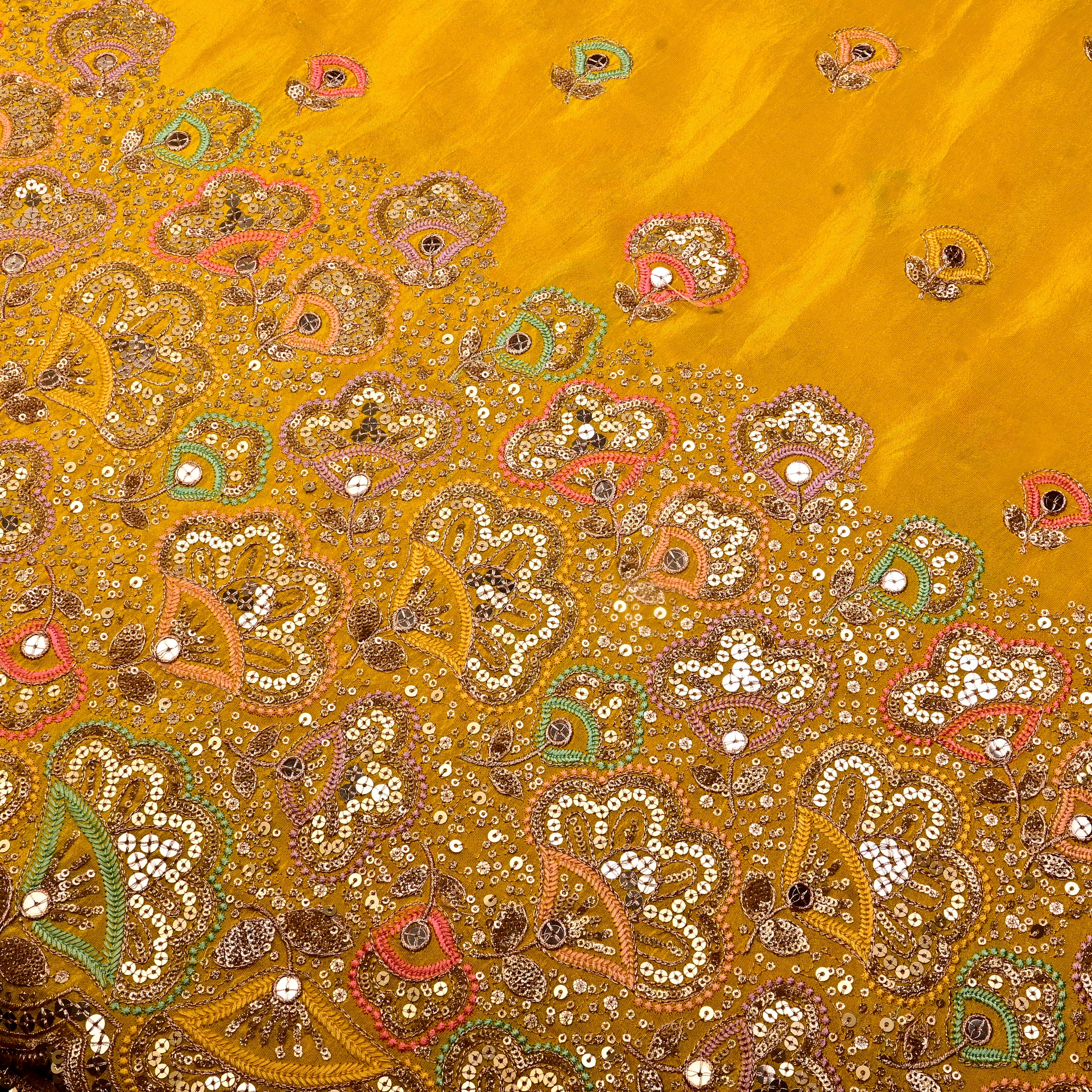 Golden Yellow Tissue Fabric With Sequins Work