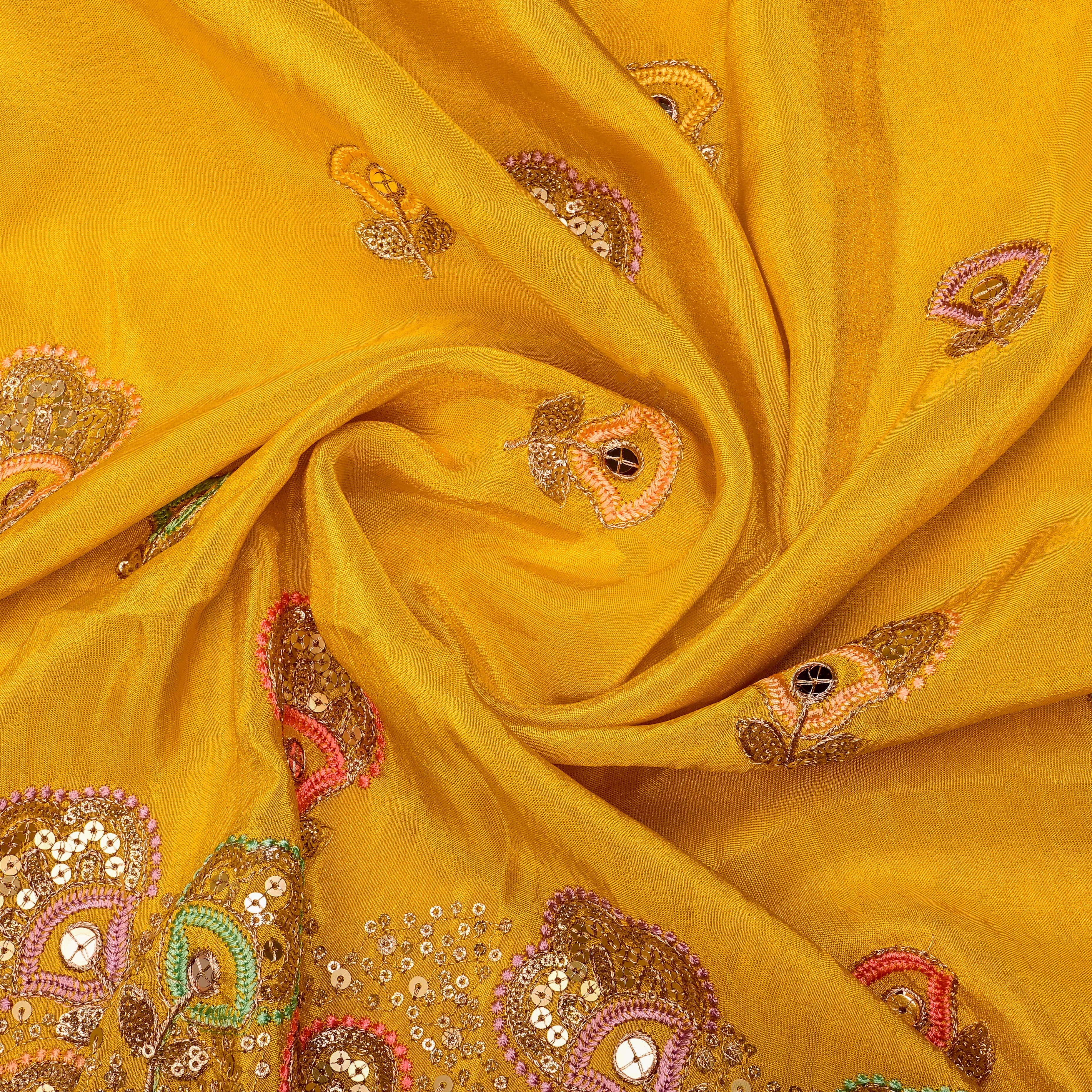 Golden Yellow Tissue Fabric With Sequins Work