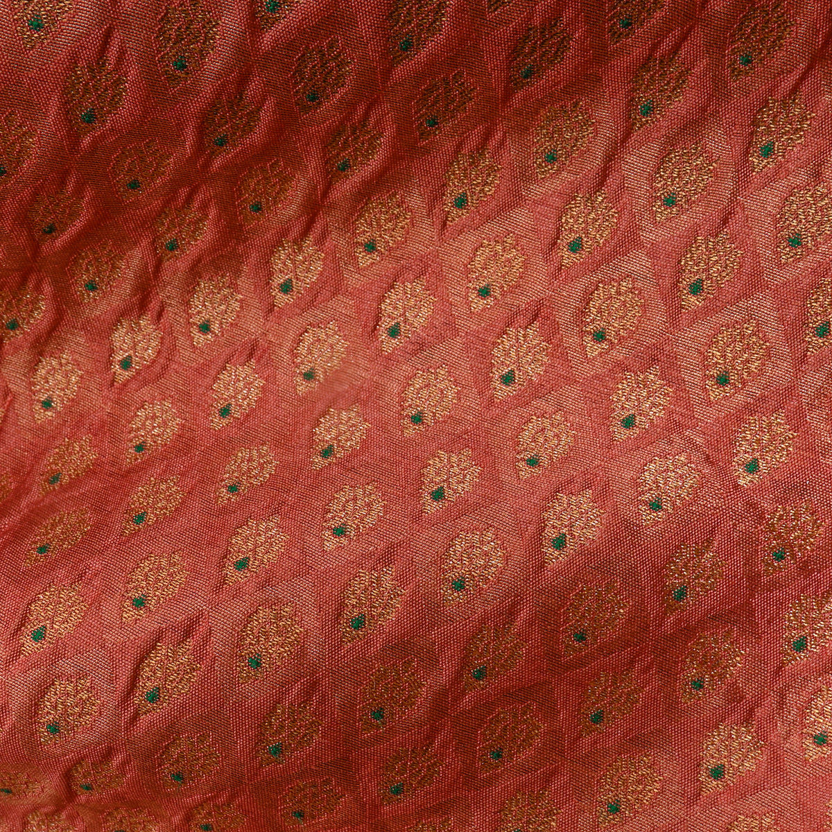 Terracotta Red Gold Zari Check Grid Jamawar Silk Fabric