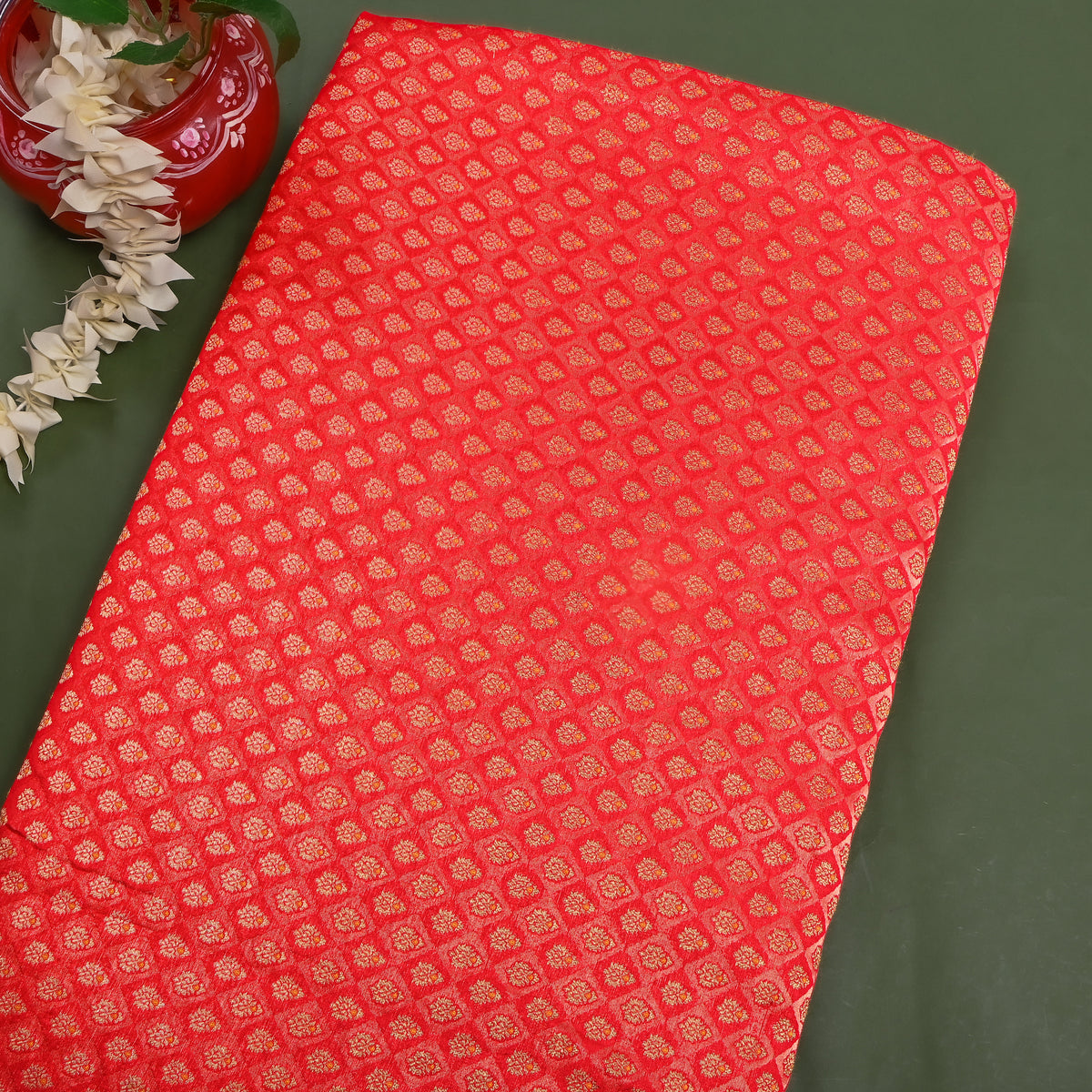 Crimson Red Dense Gold Zari Check Jamawar Silk Fabric