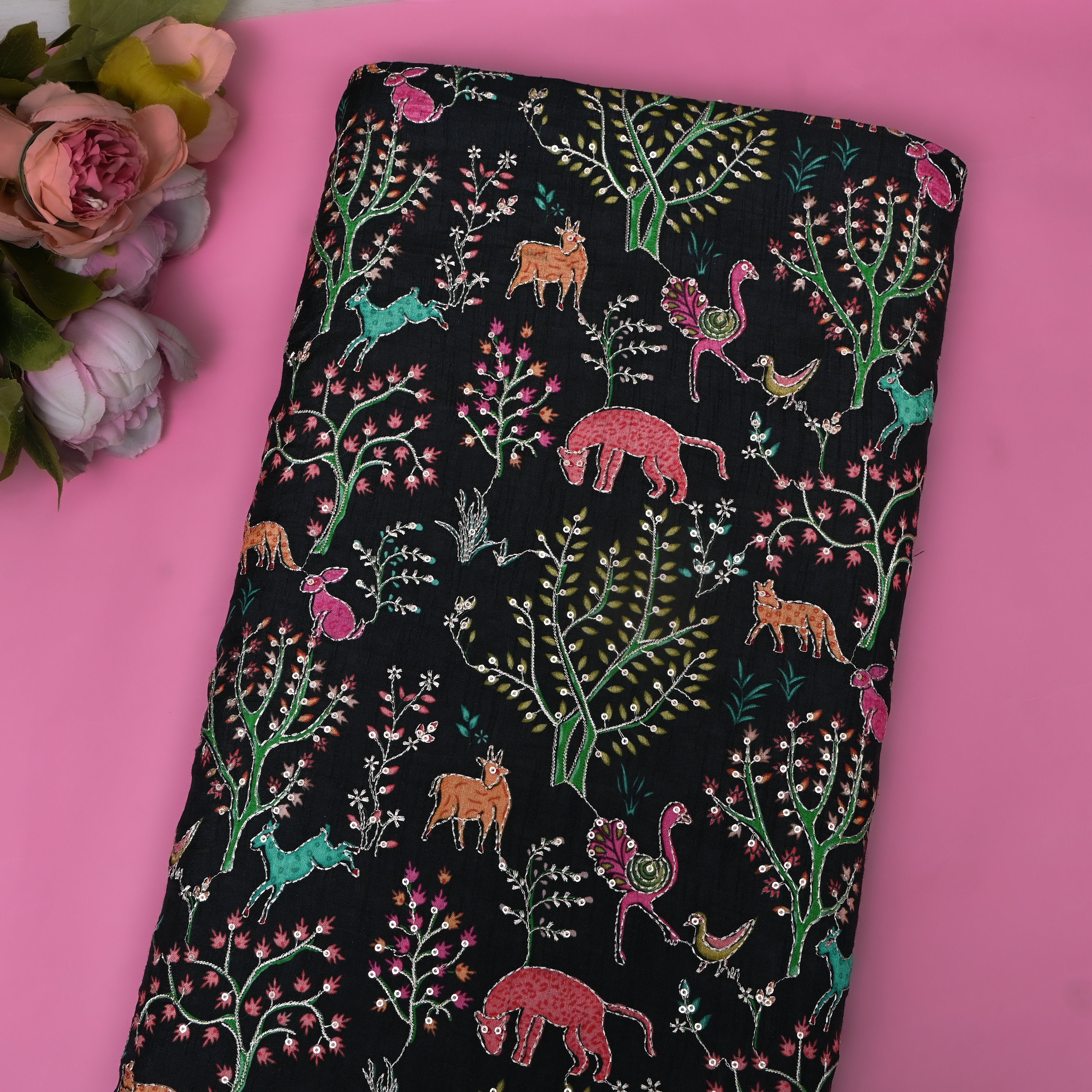 Jet Black Shikargah Animal Sequin Embroidery Cotton Fabric