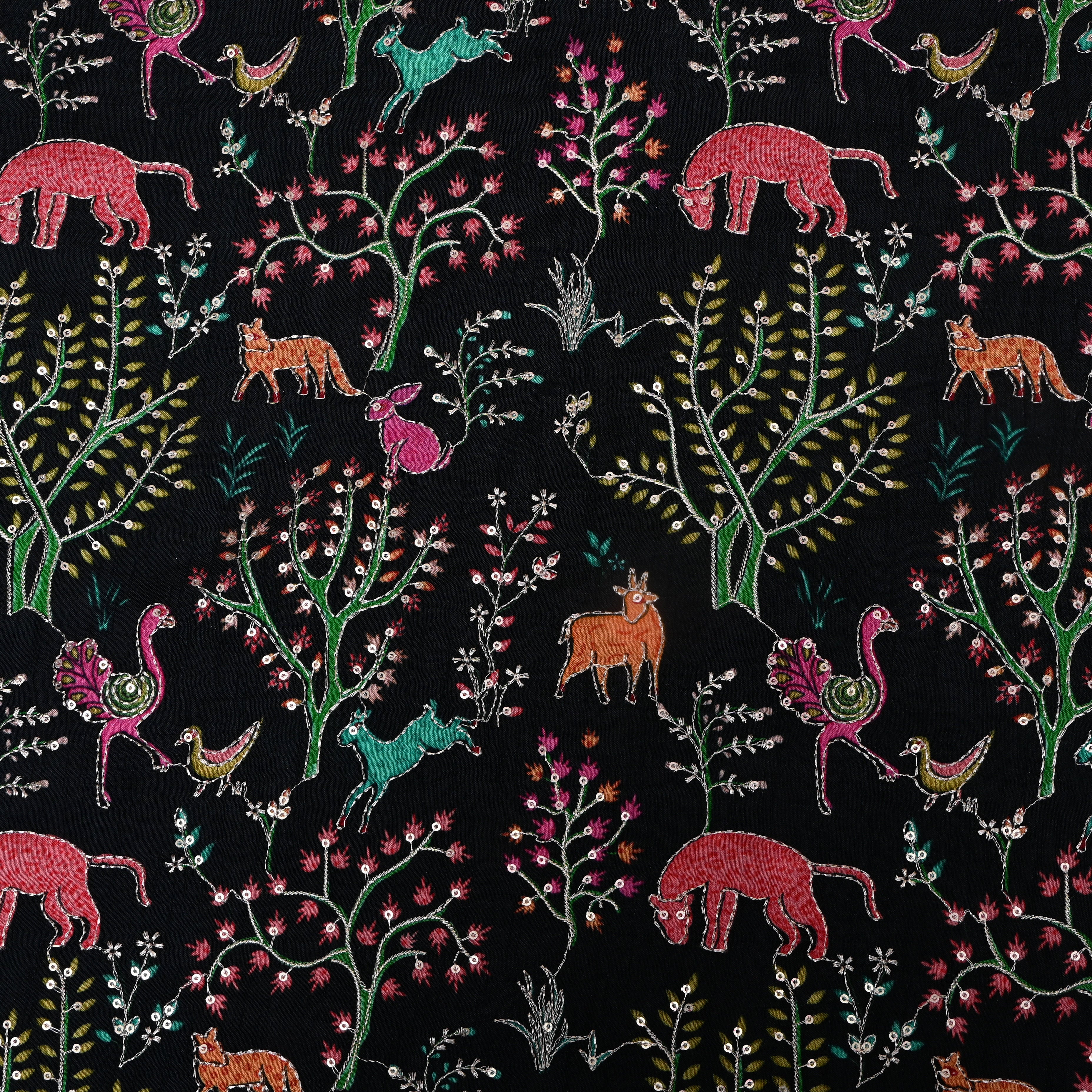 Jet Black Shikargah Animal Sequin Embroidery Cotton Fabric