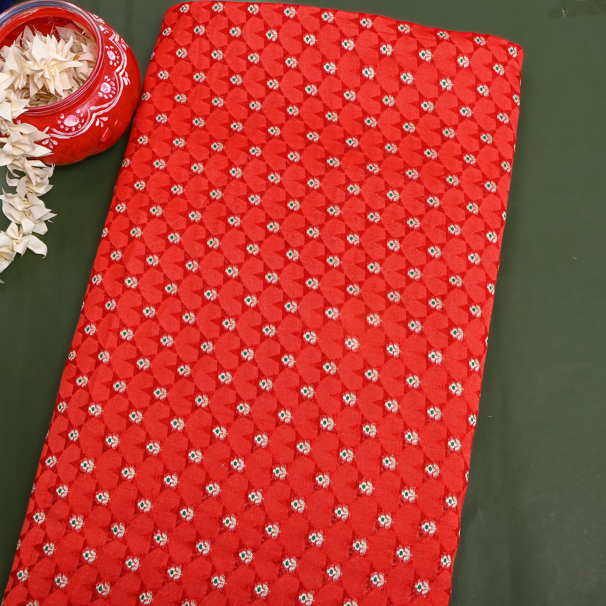 Scarlet Red Silver Zari Butti Self Weave Jamawar Silk Fabric