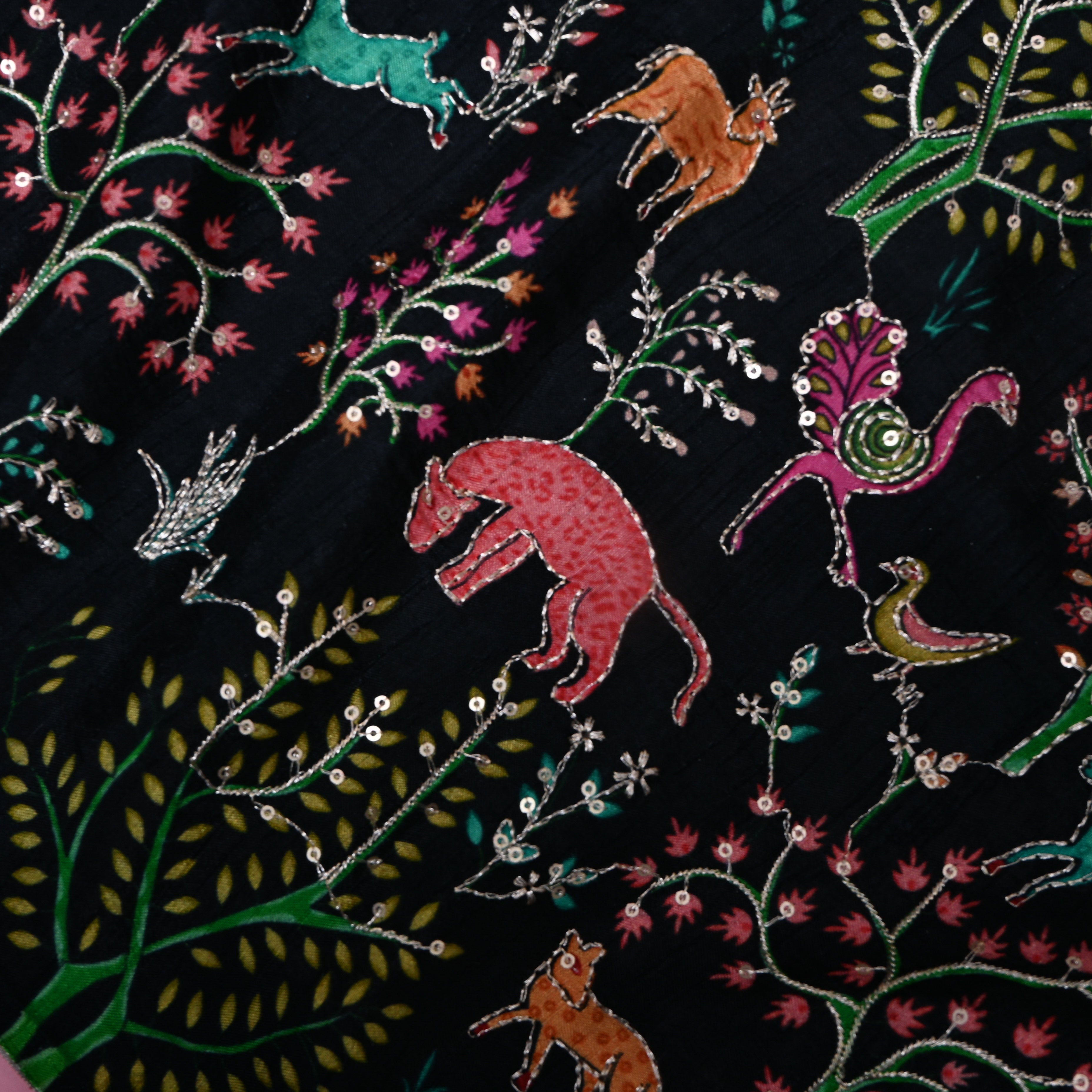 Jet Black Shikargah Animal Sequin Embroidery Cotton Fabric