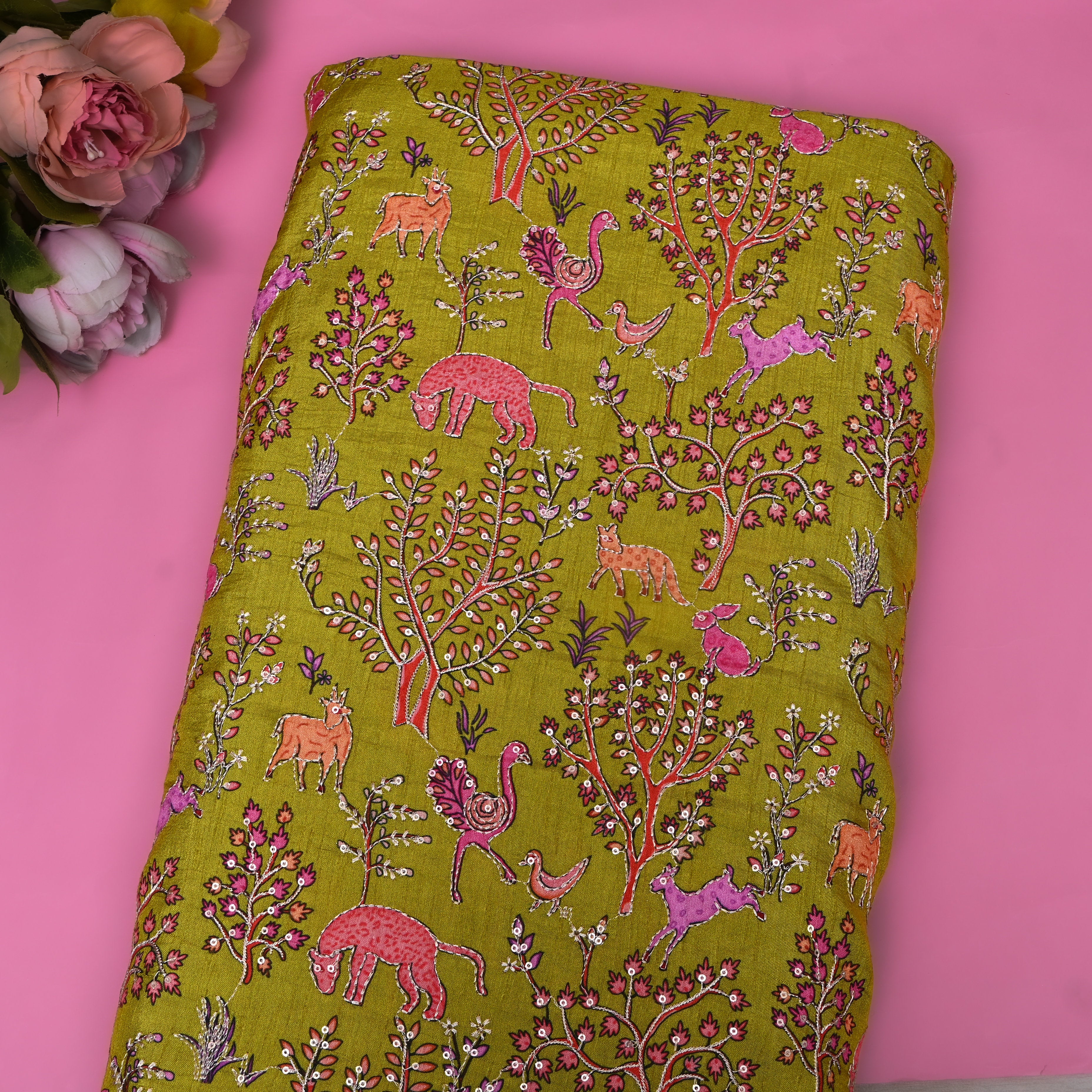 Olive Green Shikargah Animal Sequin Embroidery Cotton Fabric
