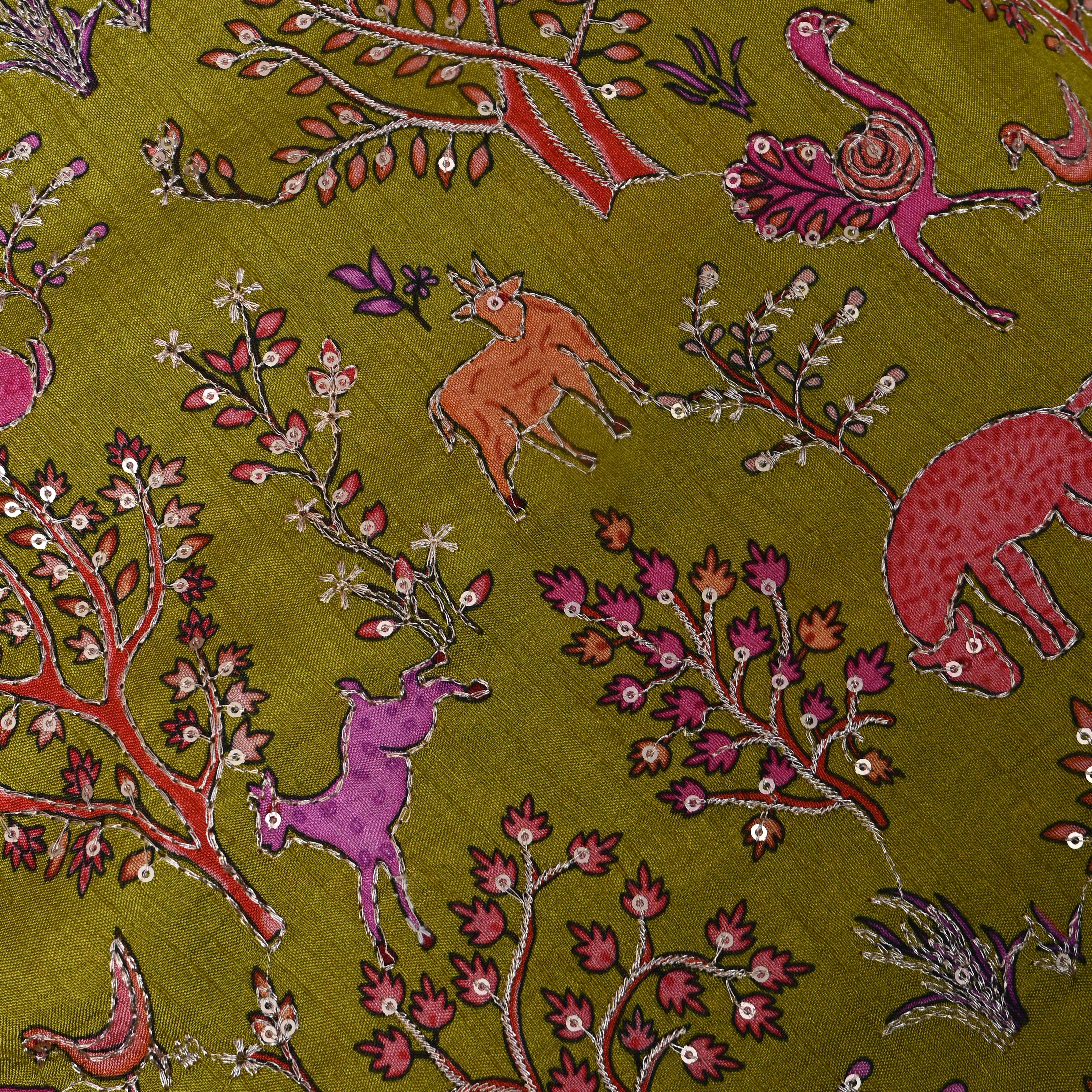 Olive Green Shikargah Animal Sequin Embroidery Cotton Fabric
