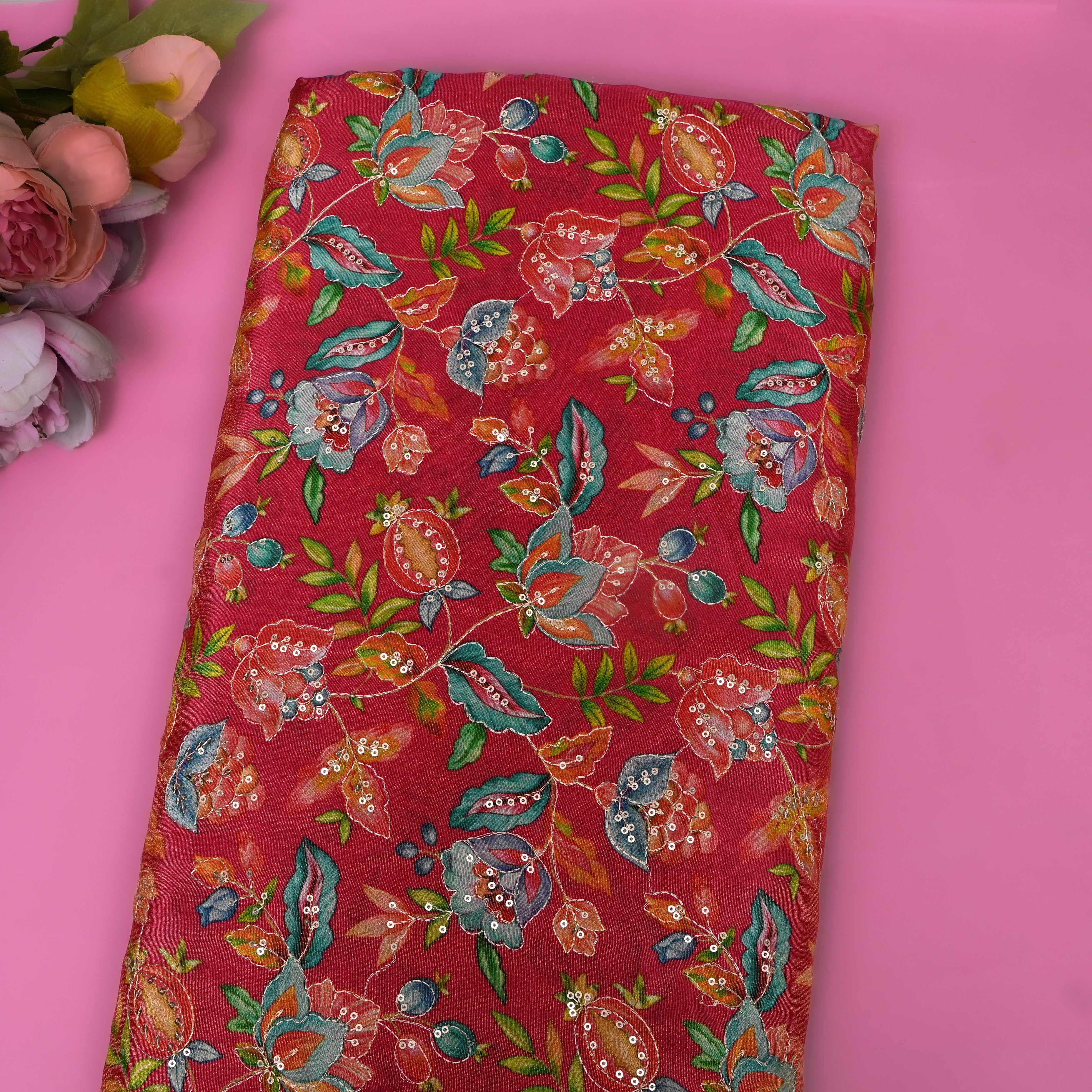 Fuchsia Pink Pomegranate Floral Sequin Thread Work Tissue Fabric