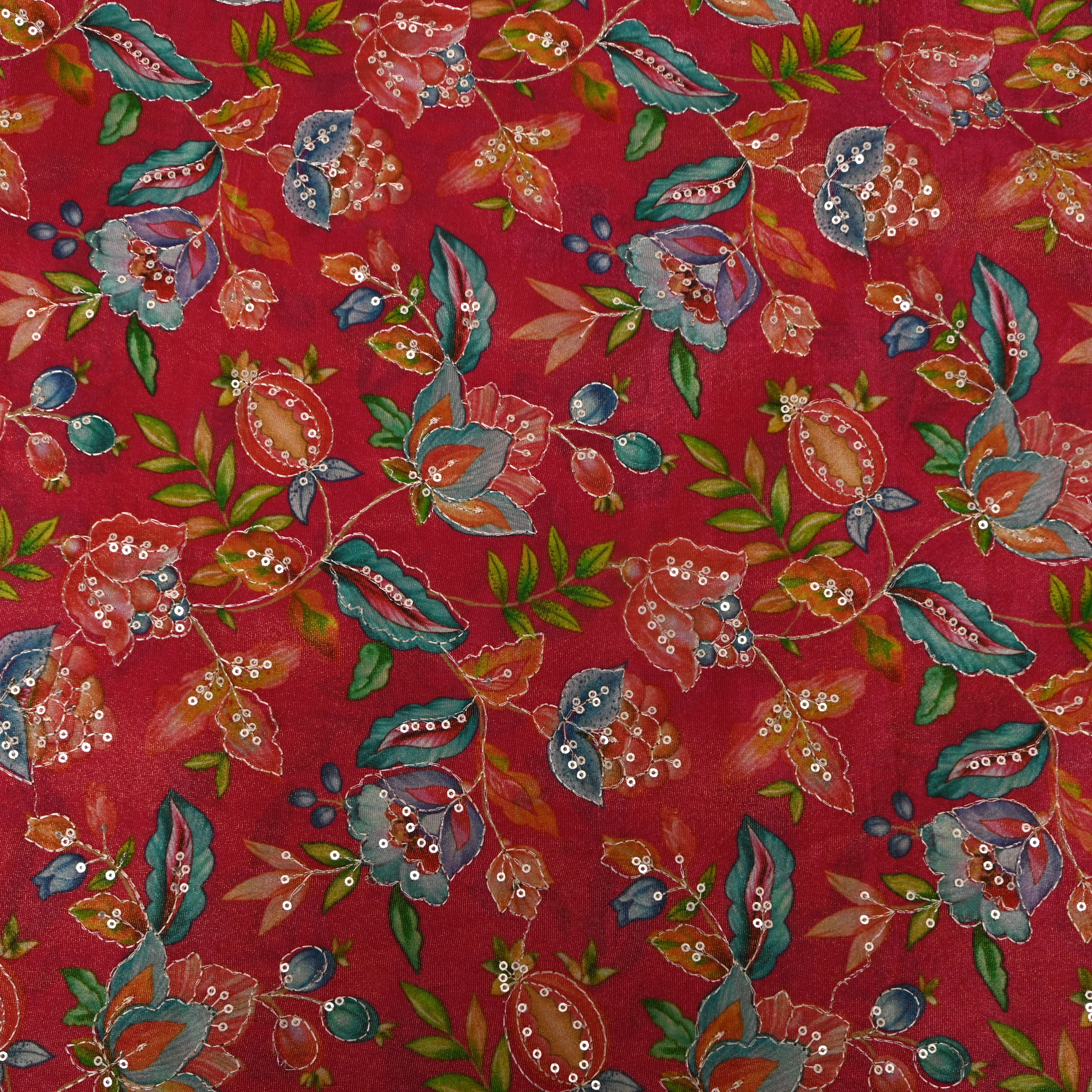 Fuchsia Pink Pomegranate Floral Sequin Thread Work Tissue Fabric