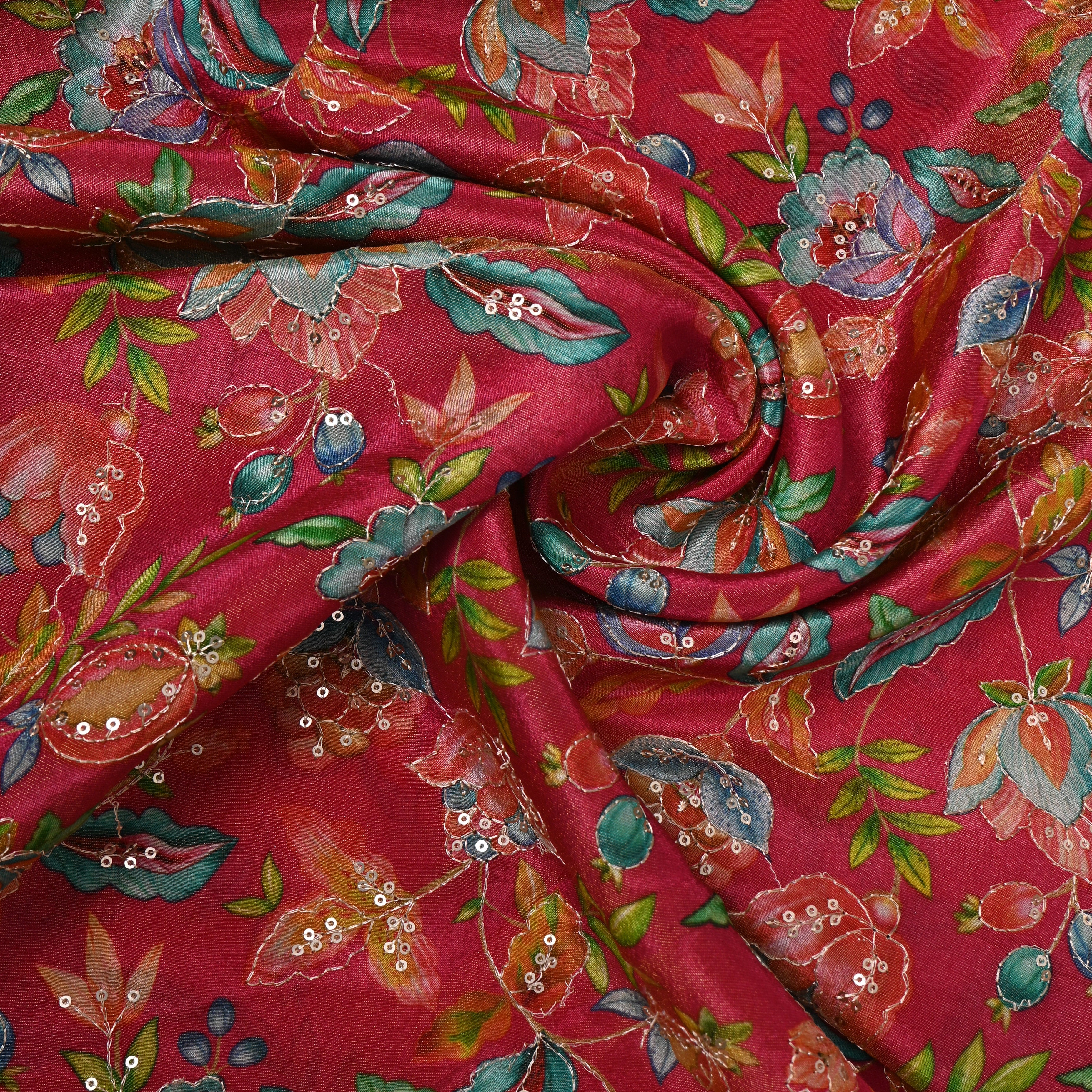 Fuchsia Pink Pomegranate Floral Sequin Thread Work Tissue Fabric
