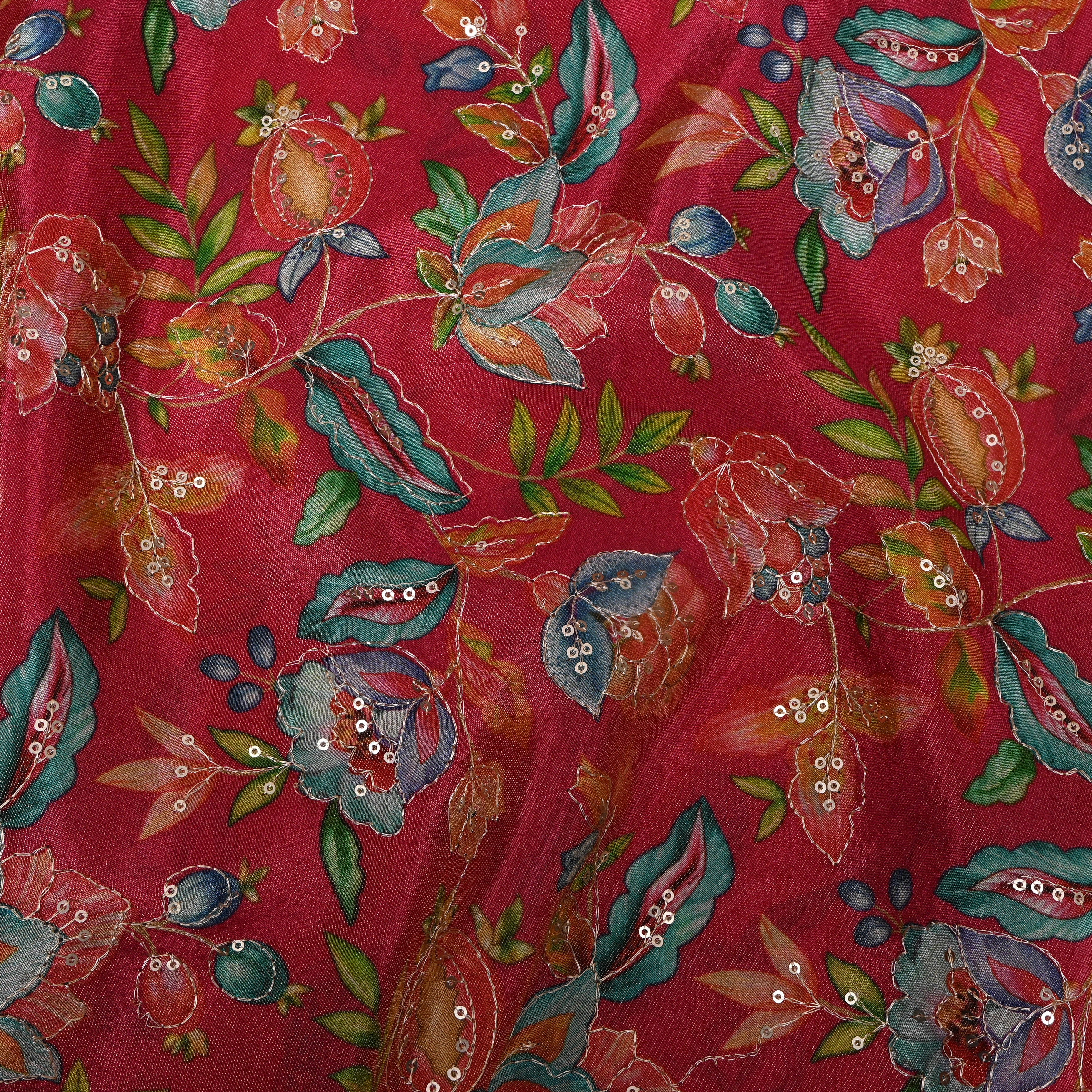 Fuchsia Pink Pomegranate Floral Sequin Thread Work Tissue Fabric
