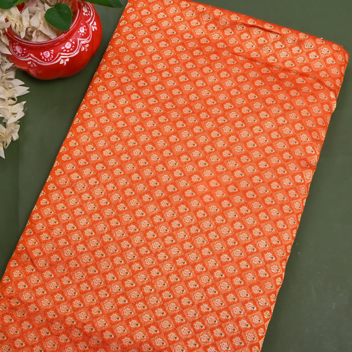 Amber Rust Gold Zari Micro Check Jamawar Silk Fabric