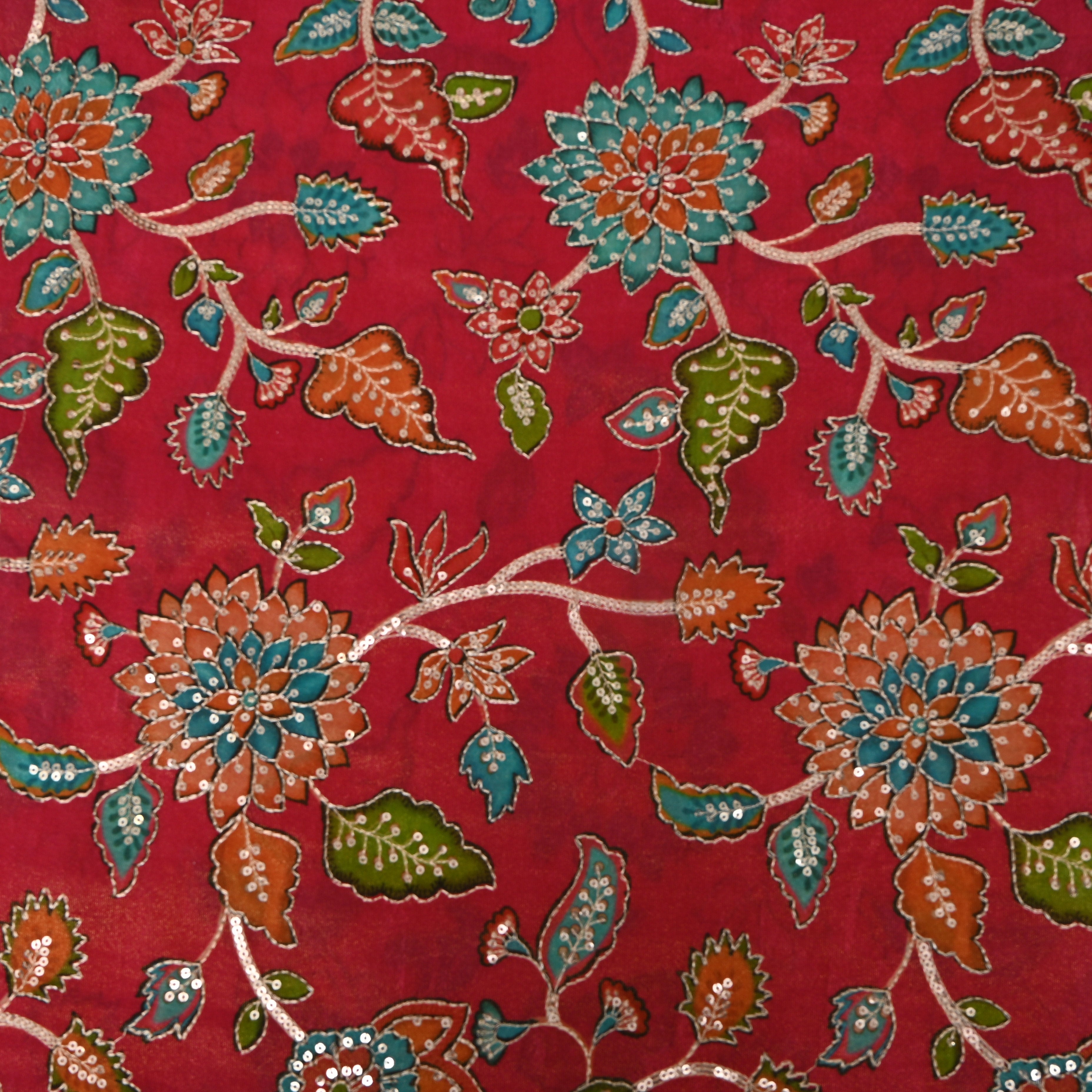 Crimson Red Sequin Floral Tissue Fabric
