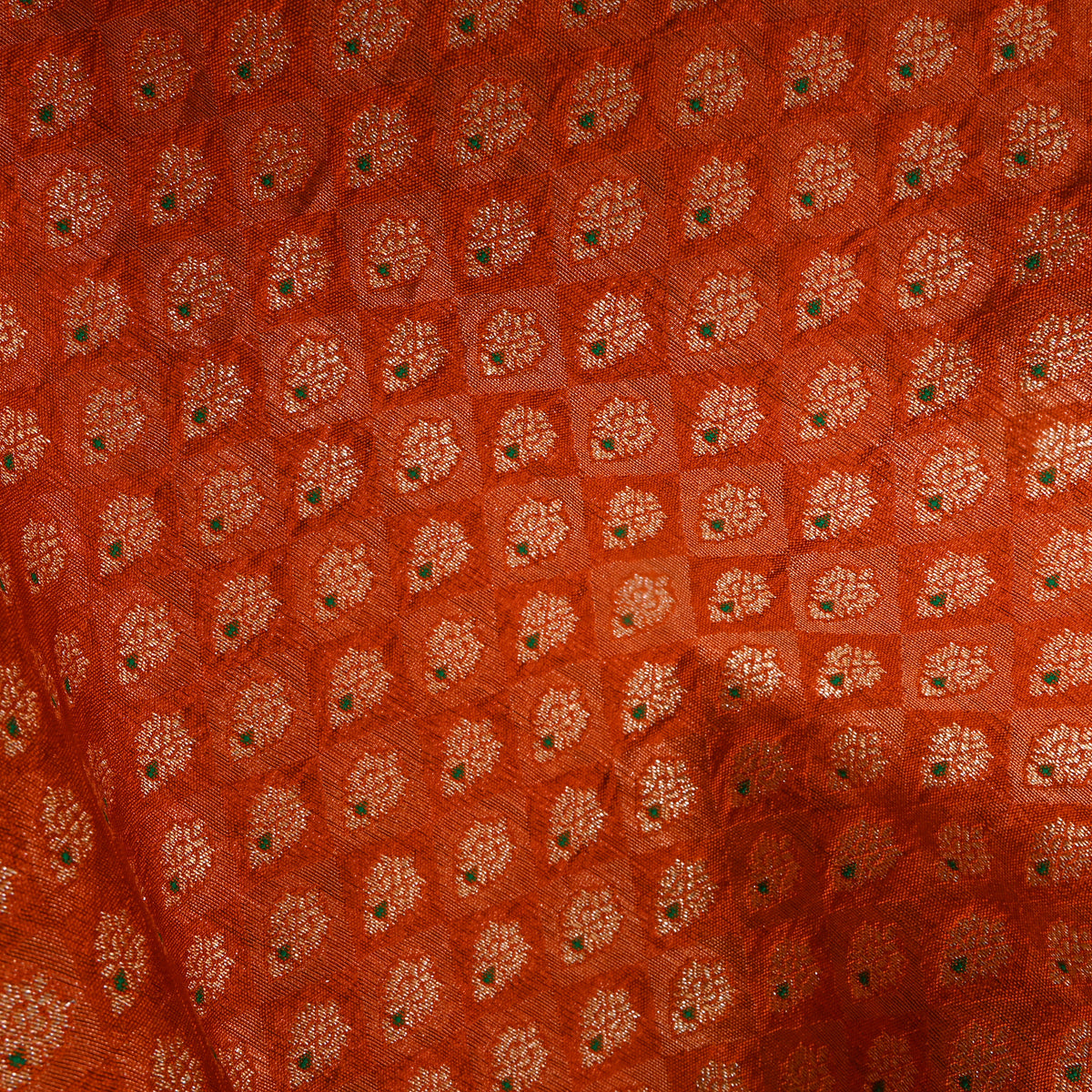 Amber Rust Gold Zari Micro Check Jamawar Silk Fabric