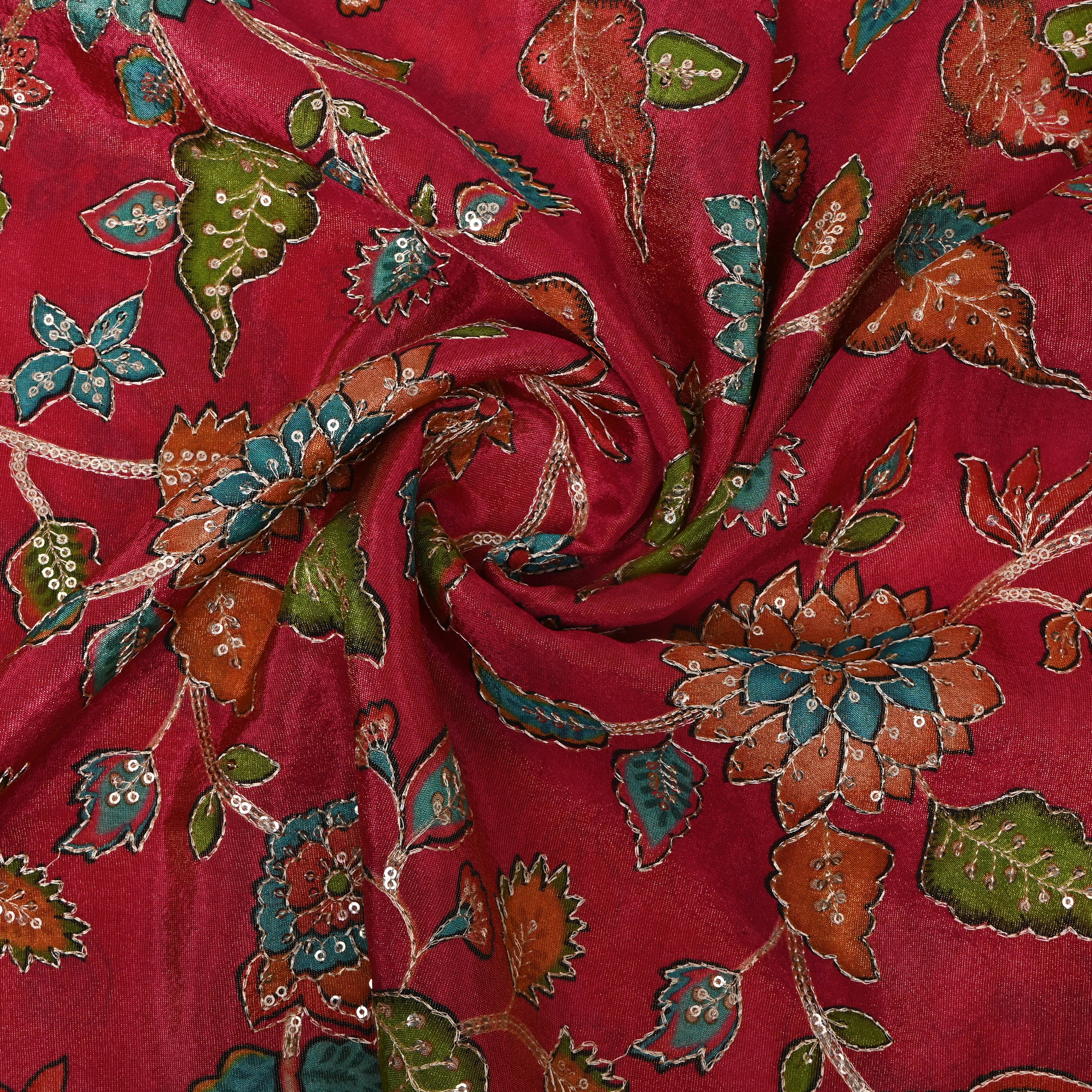Crimson Red Sequin Floral Tissue Fabric