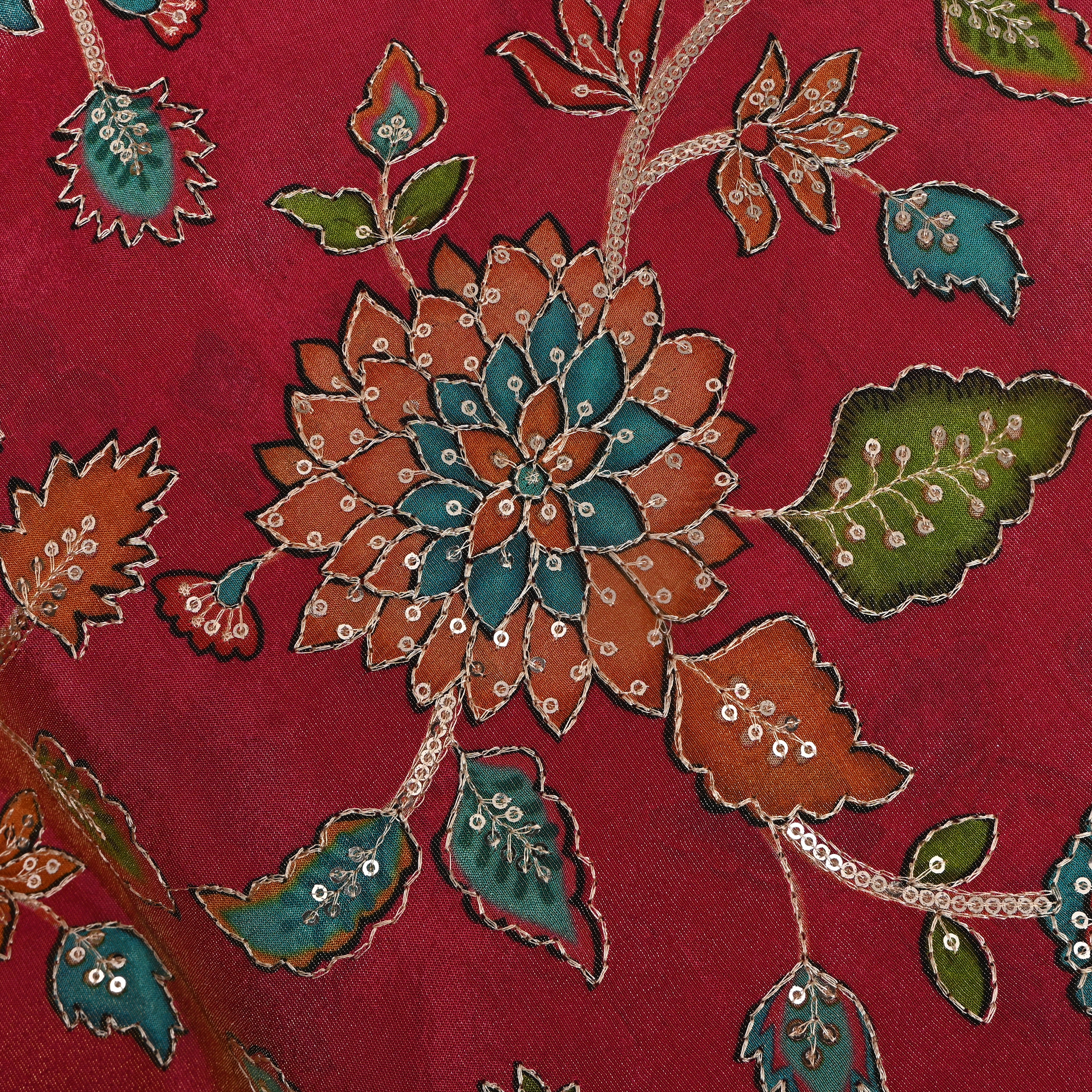 Crimson Red Sequin Floral Tissue Fabric