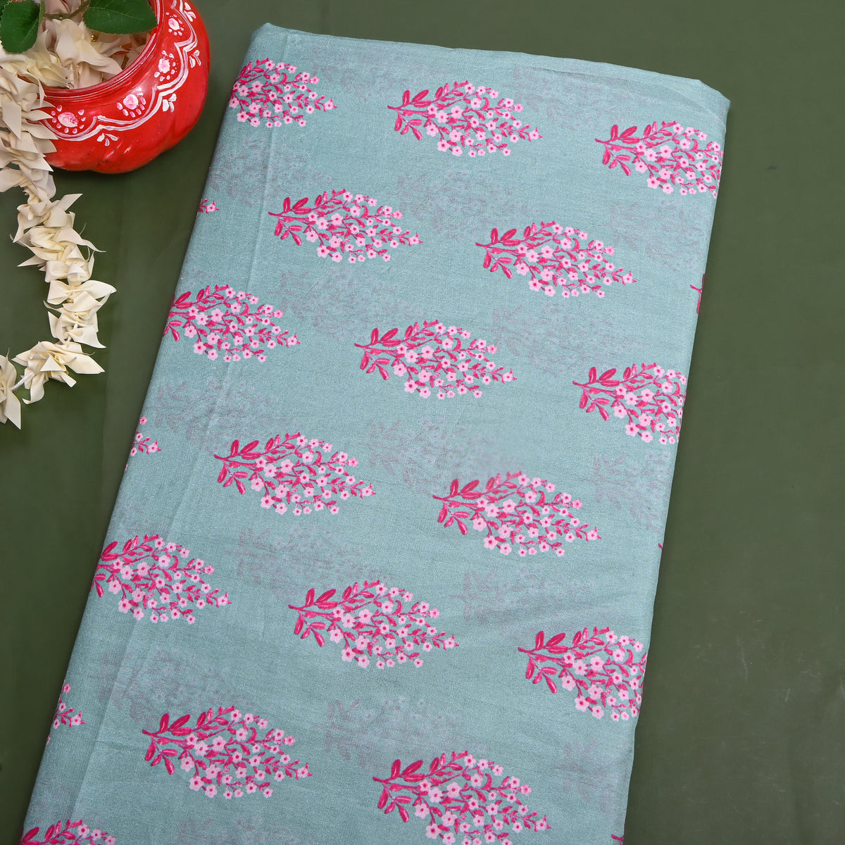 Celadon Green Floral Butti Digital Print Silk Fabric