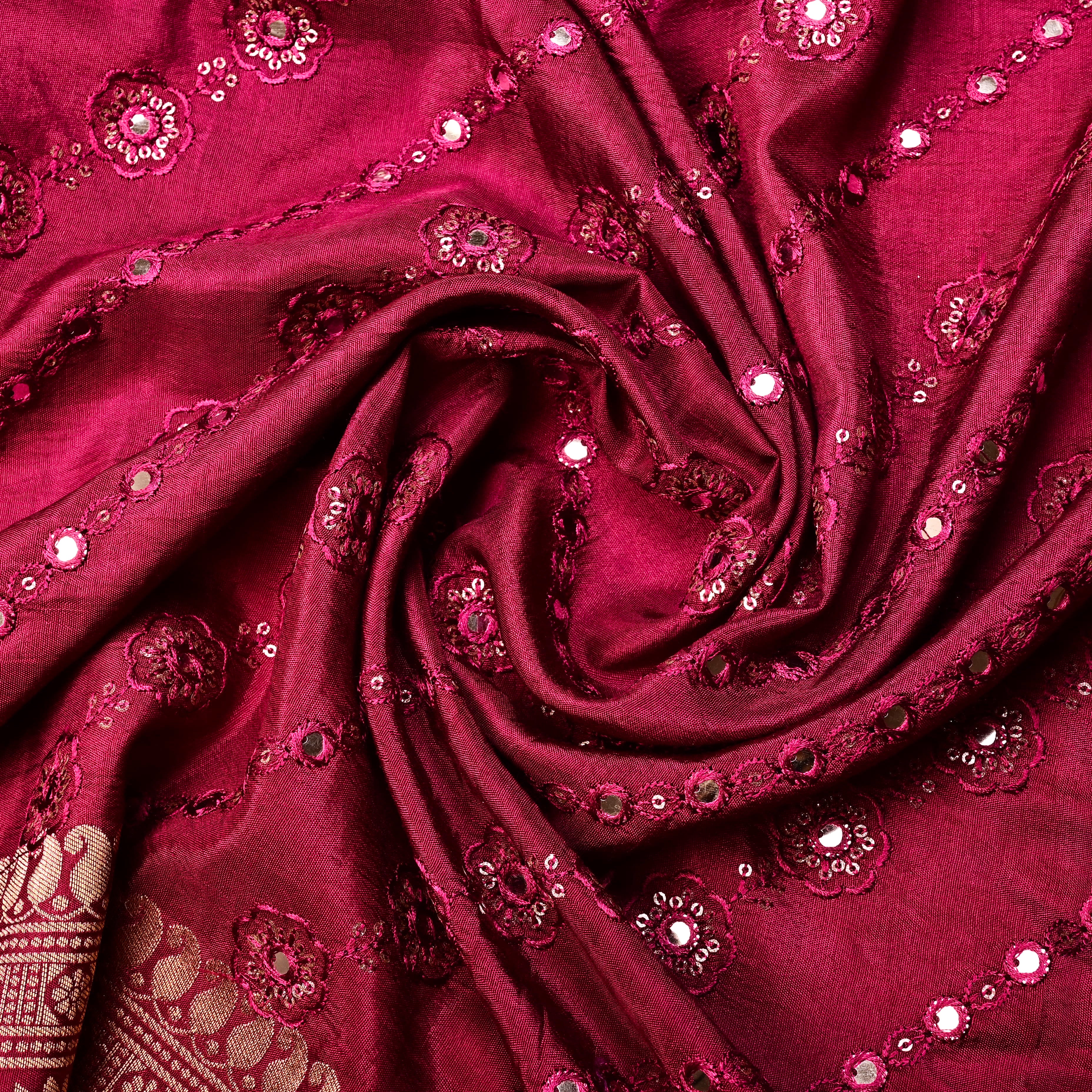 Maroon Silk Fabric With Embroidery