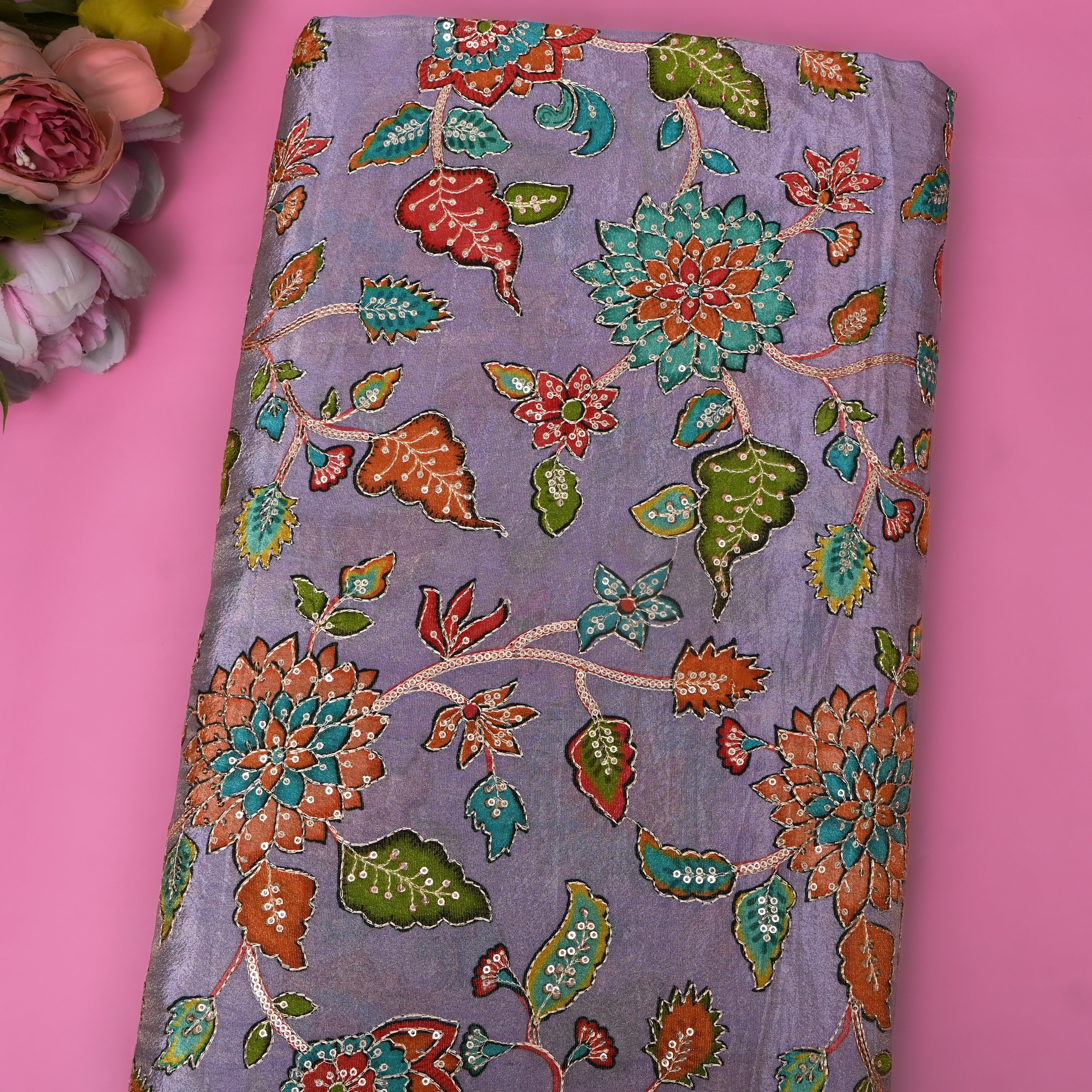 Lavender Multicolour Floral Sequin Tissue Fabric
