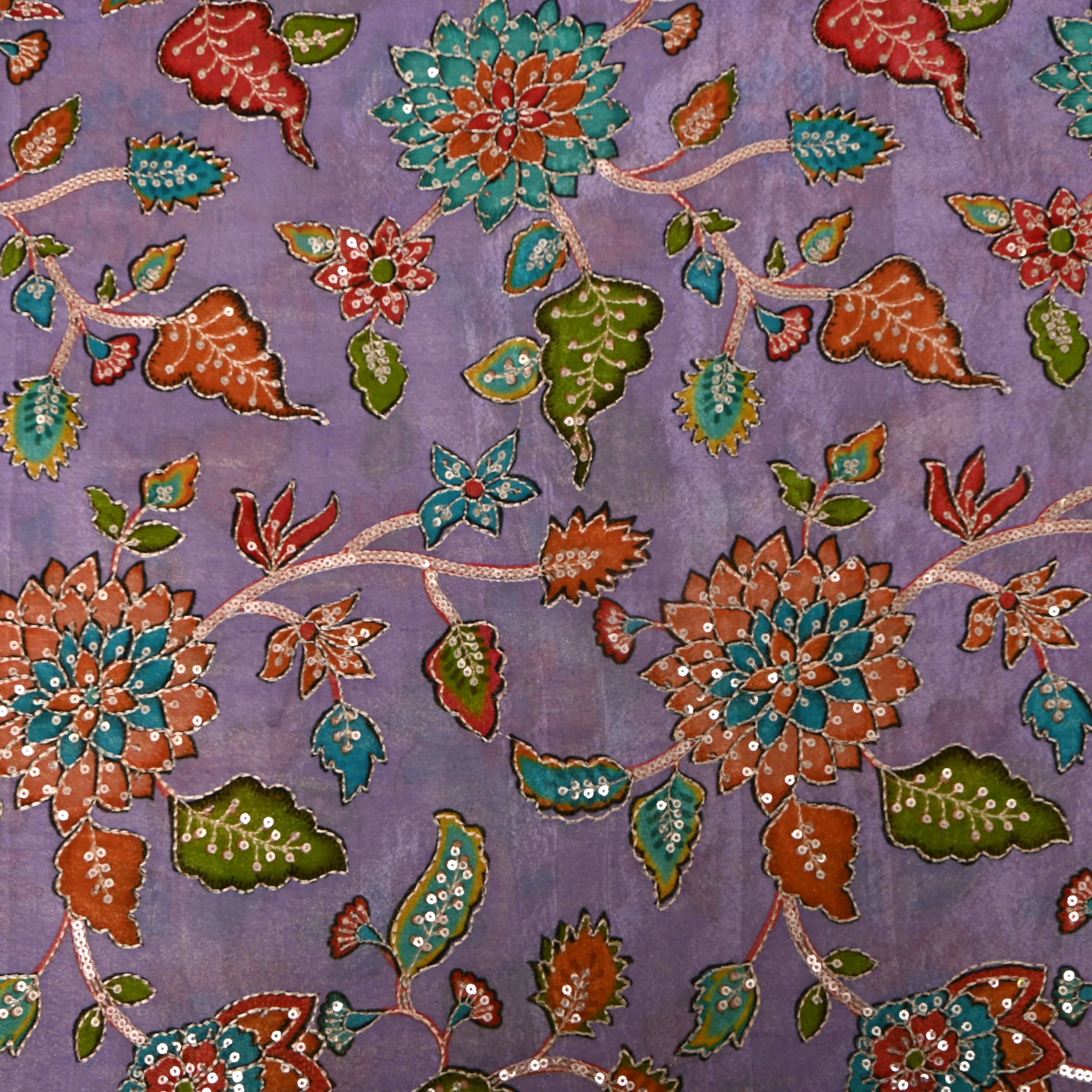 Lavender Multicolour Floral Sequin Tissue Fabric