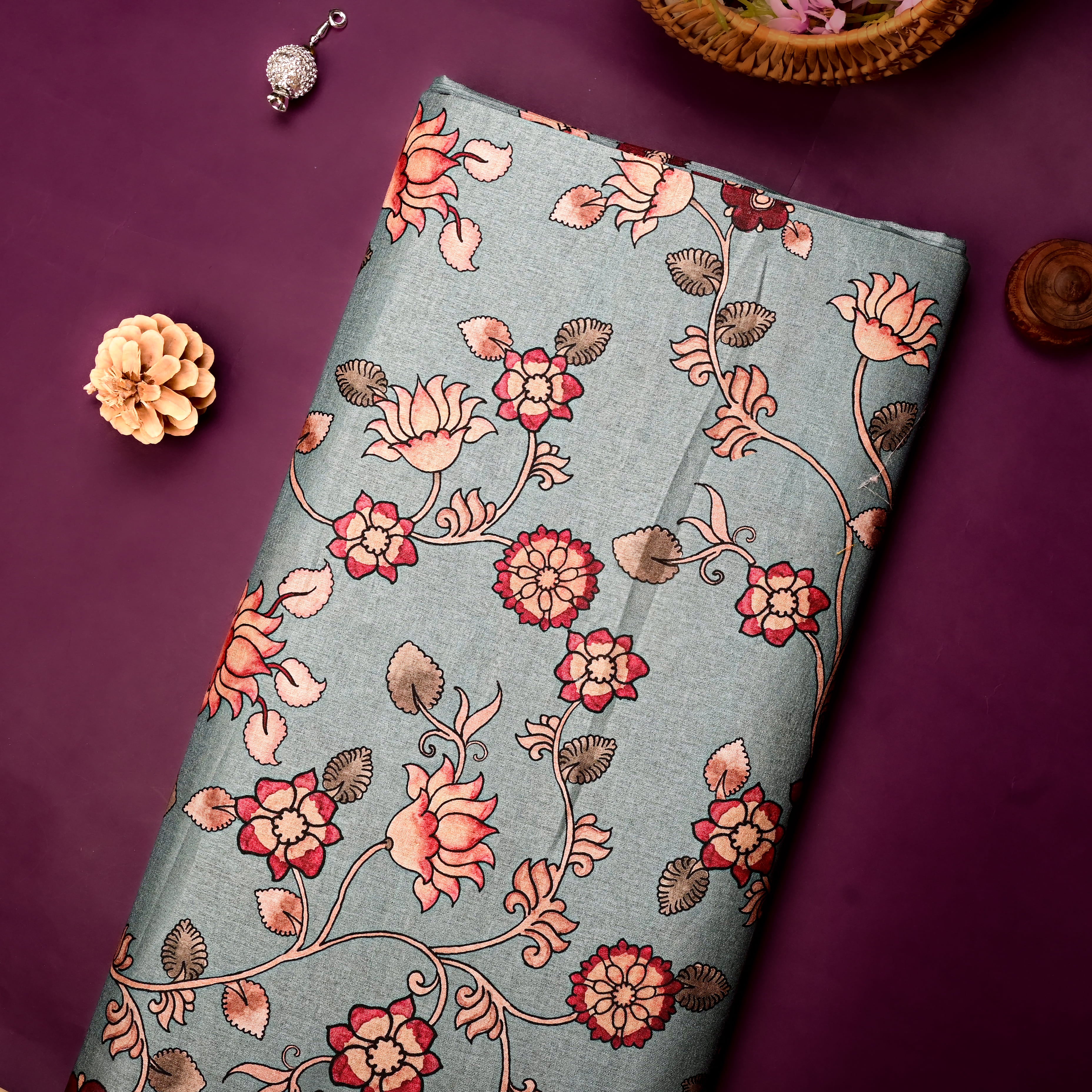 Soft Cyan Tussar Fabric With Digital Print