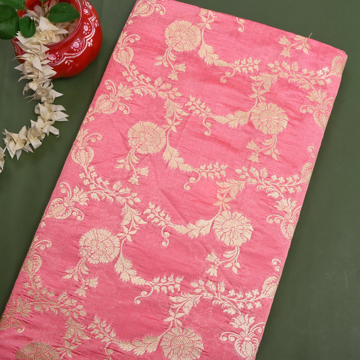 Coral Pink Gold Zari Floral Vine Jamawar Silk Fabric
