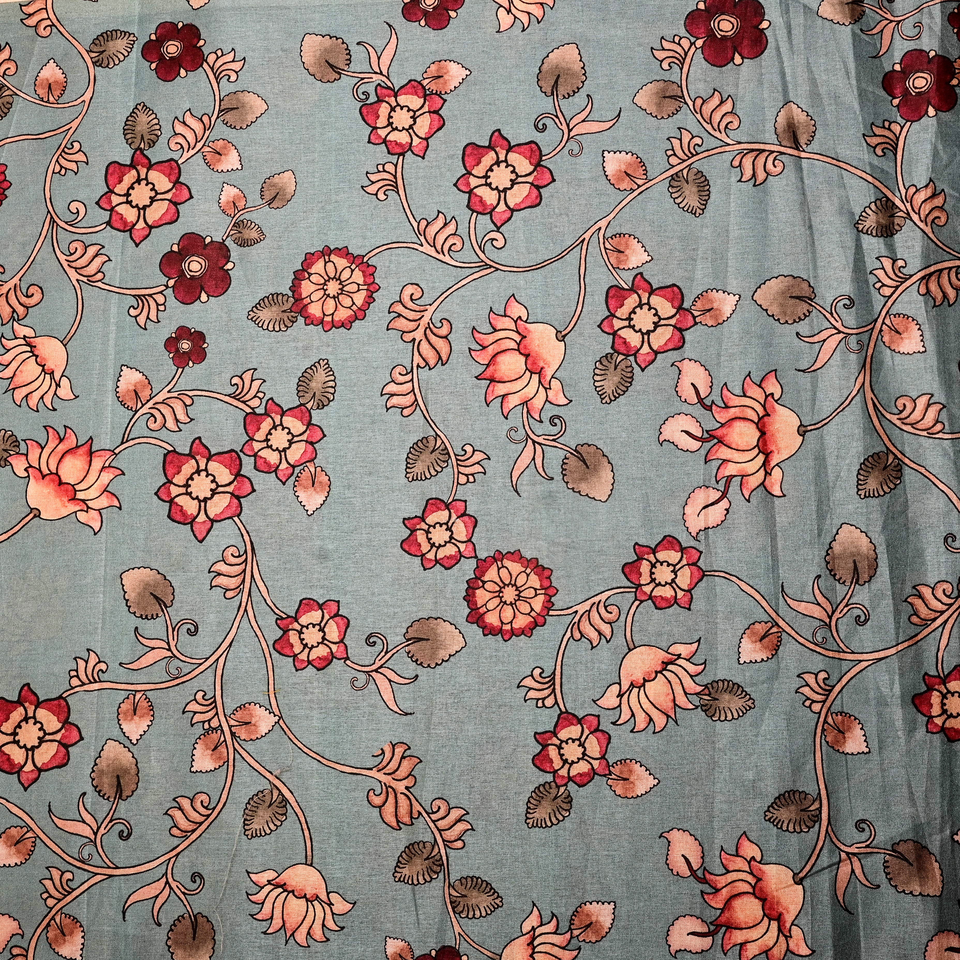 Soft Cyan Tussar Fabric With Digital Print